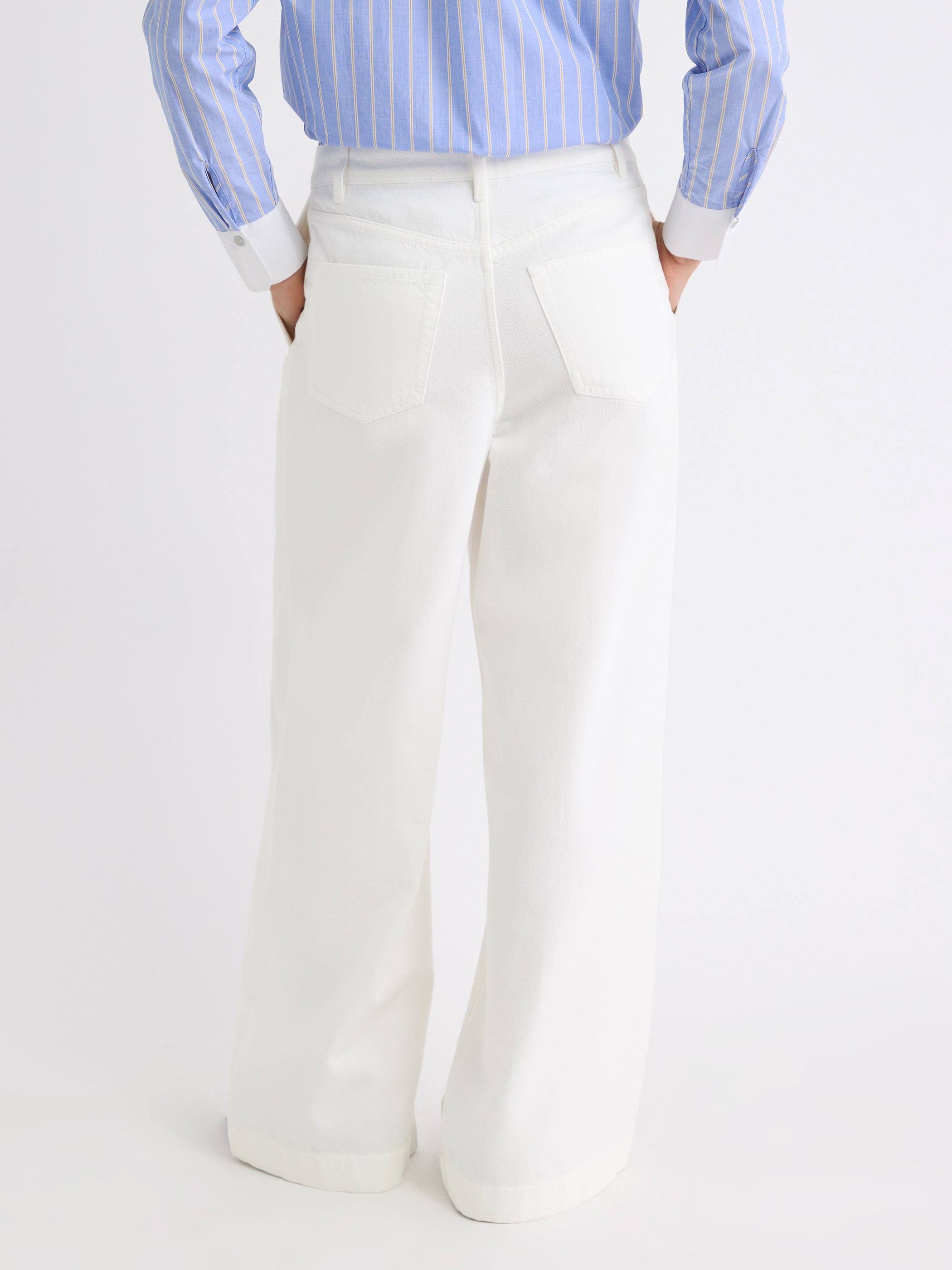 Jeans Crème à Taille Mi-Haute et Jambe Large