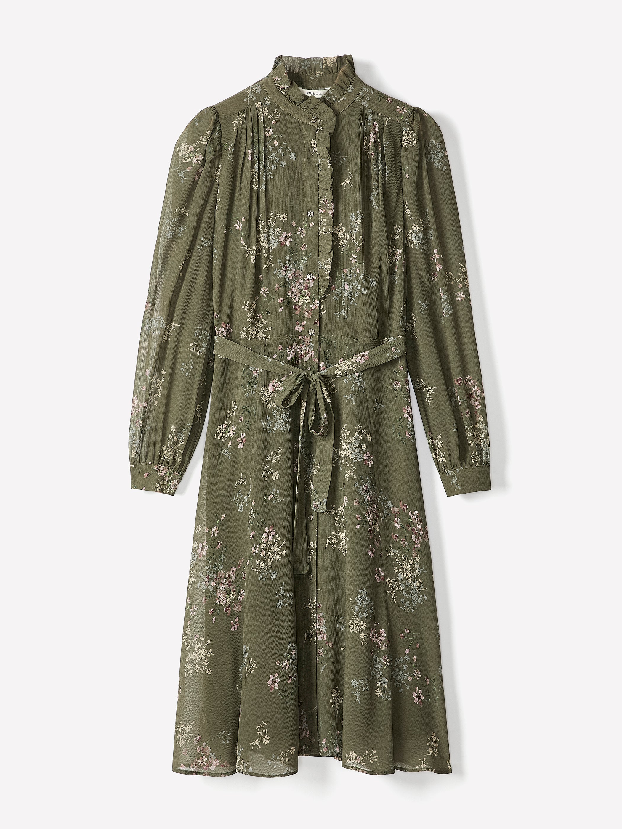 Robe Midi Boutonnée à Manches Longues et Col Montant