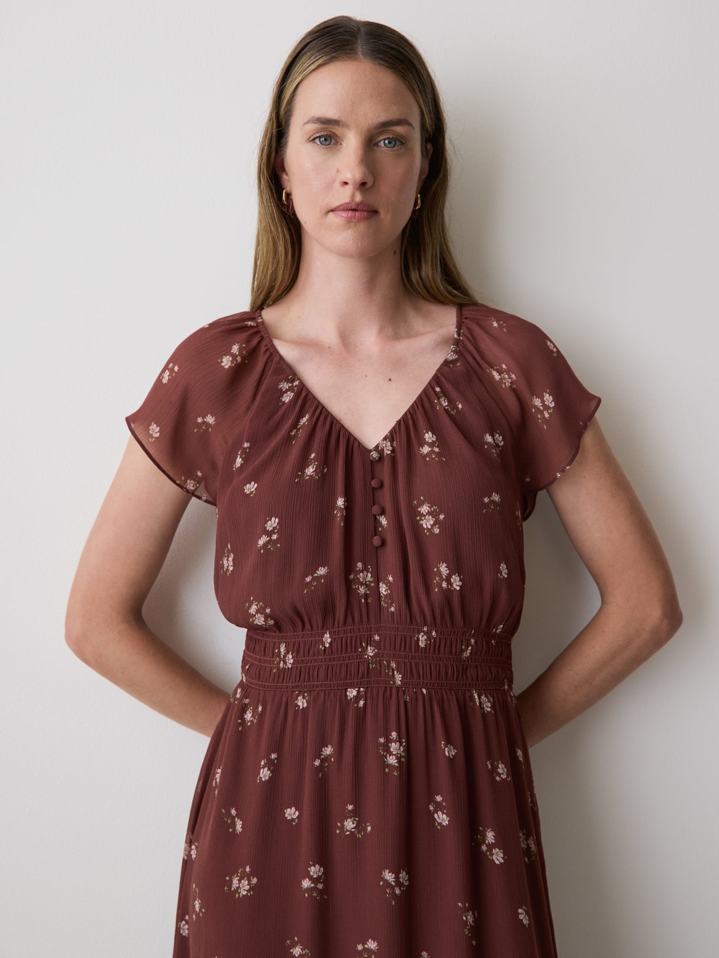 Fit-and-Flare Midi Dress with Short Flutter Sleeves