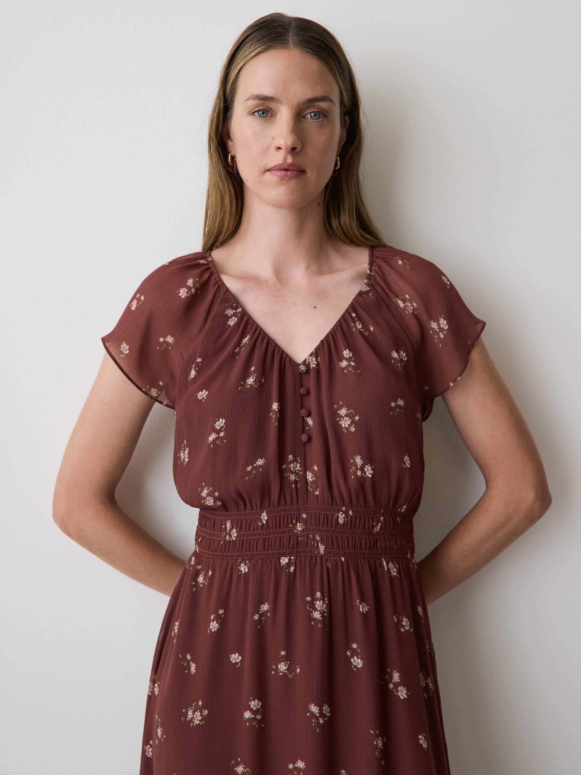 Fit-and-Flare Midi Dress with Short Flutter Sleeves