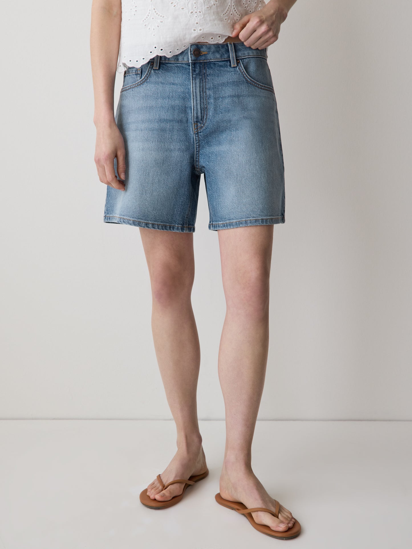 Woven Denim High Rise Mid Thigh Shorts
