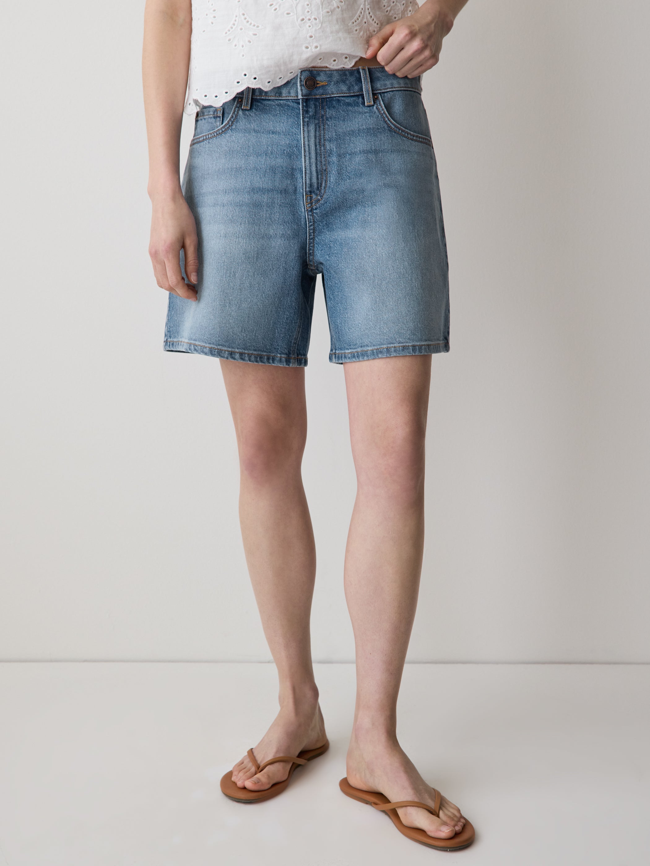 Woven Denim High Rise Mid Thigh Shorts