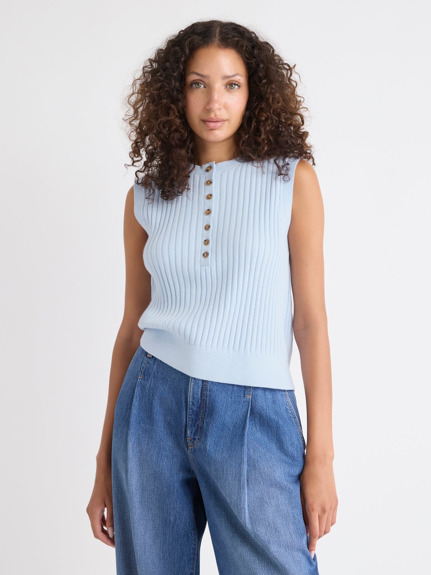 Short Sweater Vest with Henley Neckline