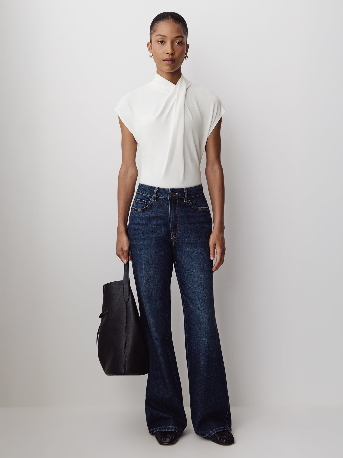 Extended-Sleeve Top with Crossover Draped Mock Neckline