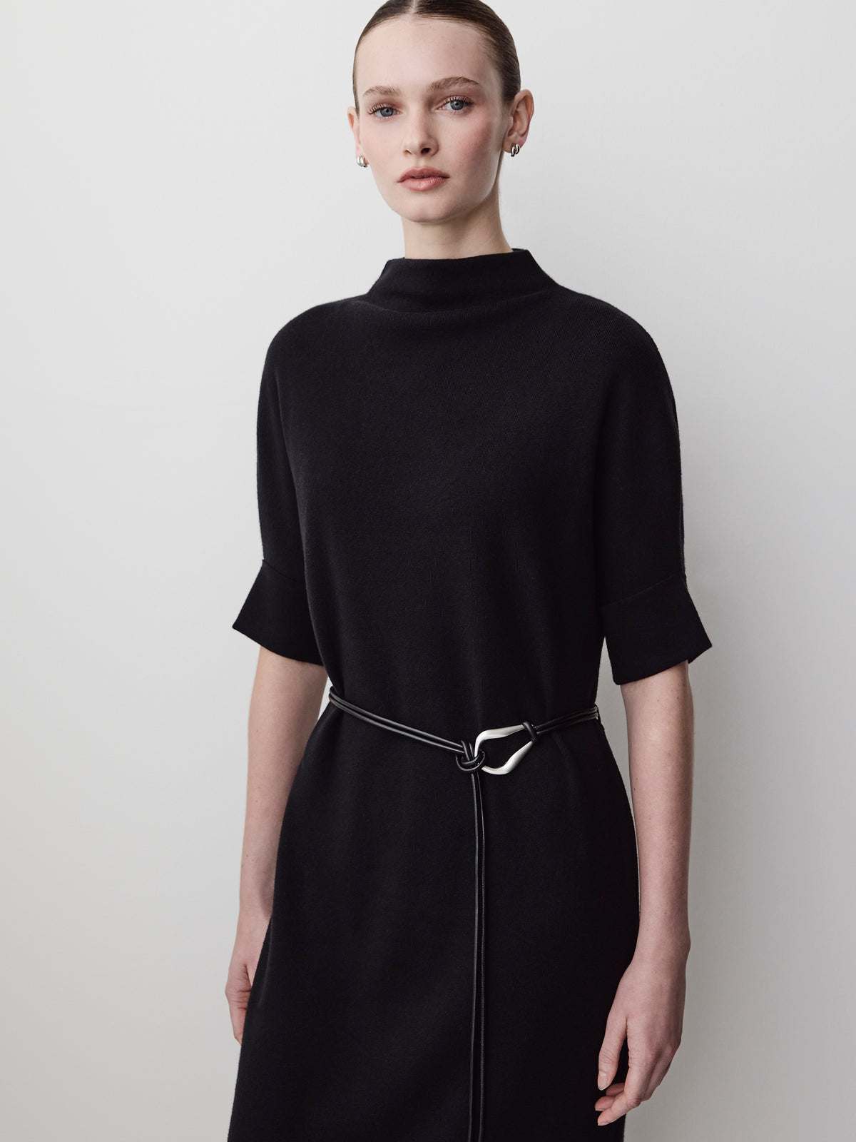 3/4-Sleeve Mock-Neck Belted Midi Dress