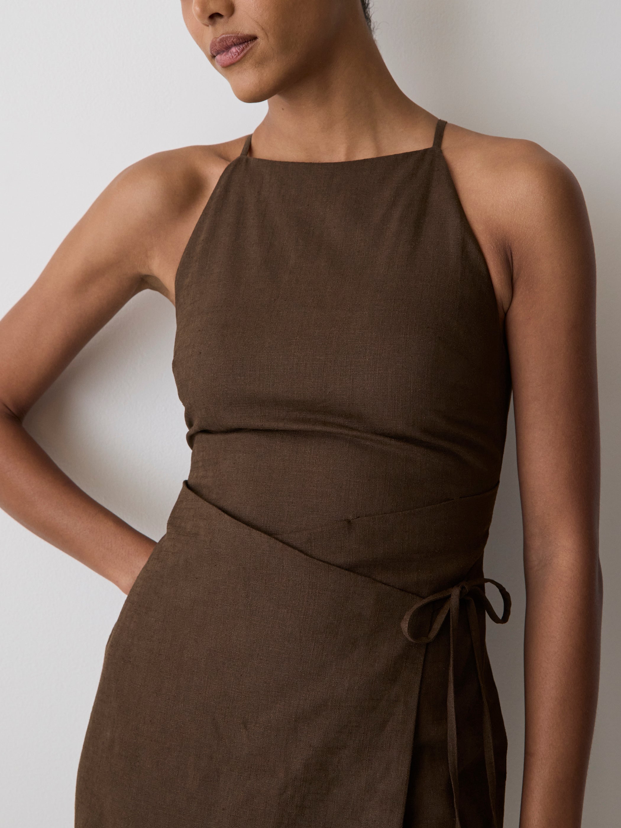 Woven Linen Blend Halter Dress