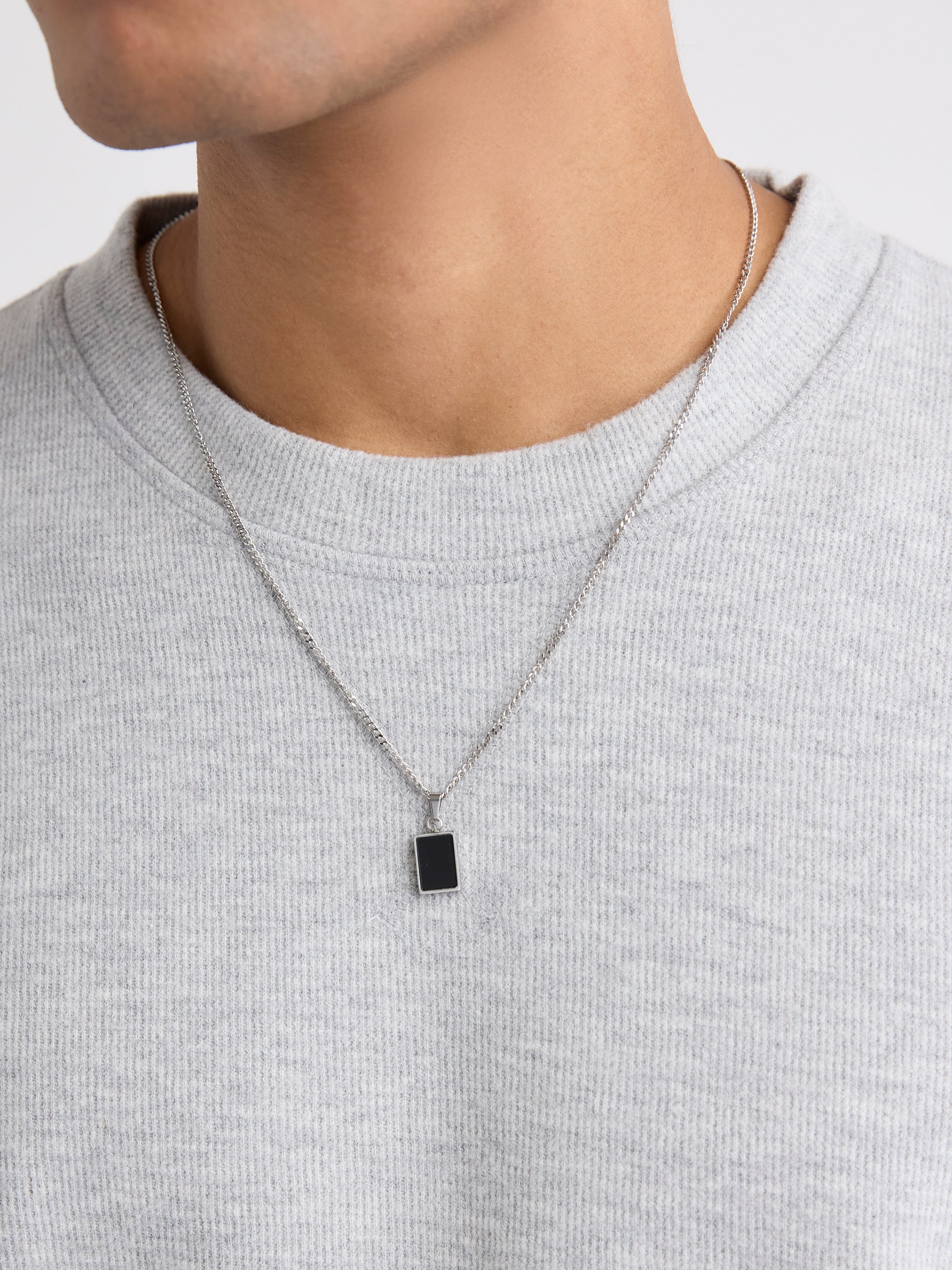 Stainless Steel Necklace with Black Stone Pendant