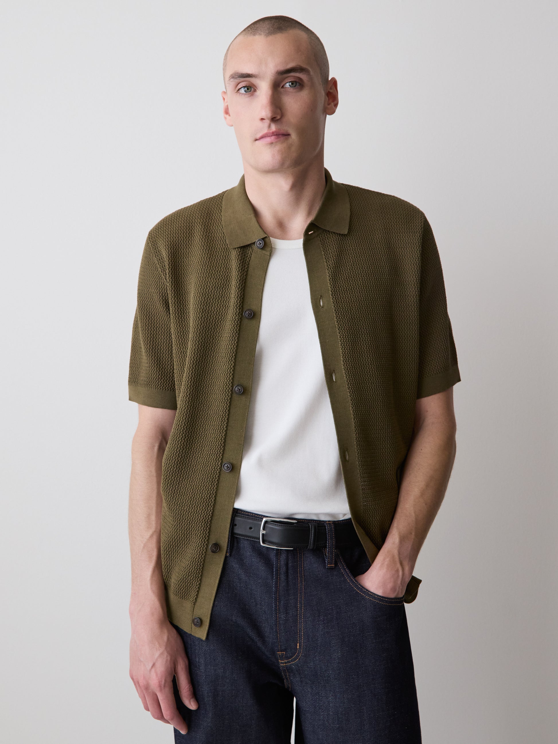 Short-Sleeve Textured Shirt Sweater