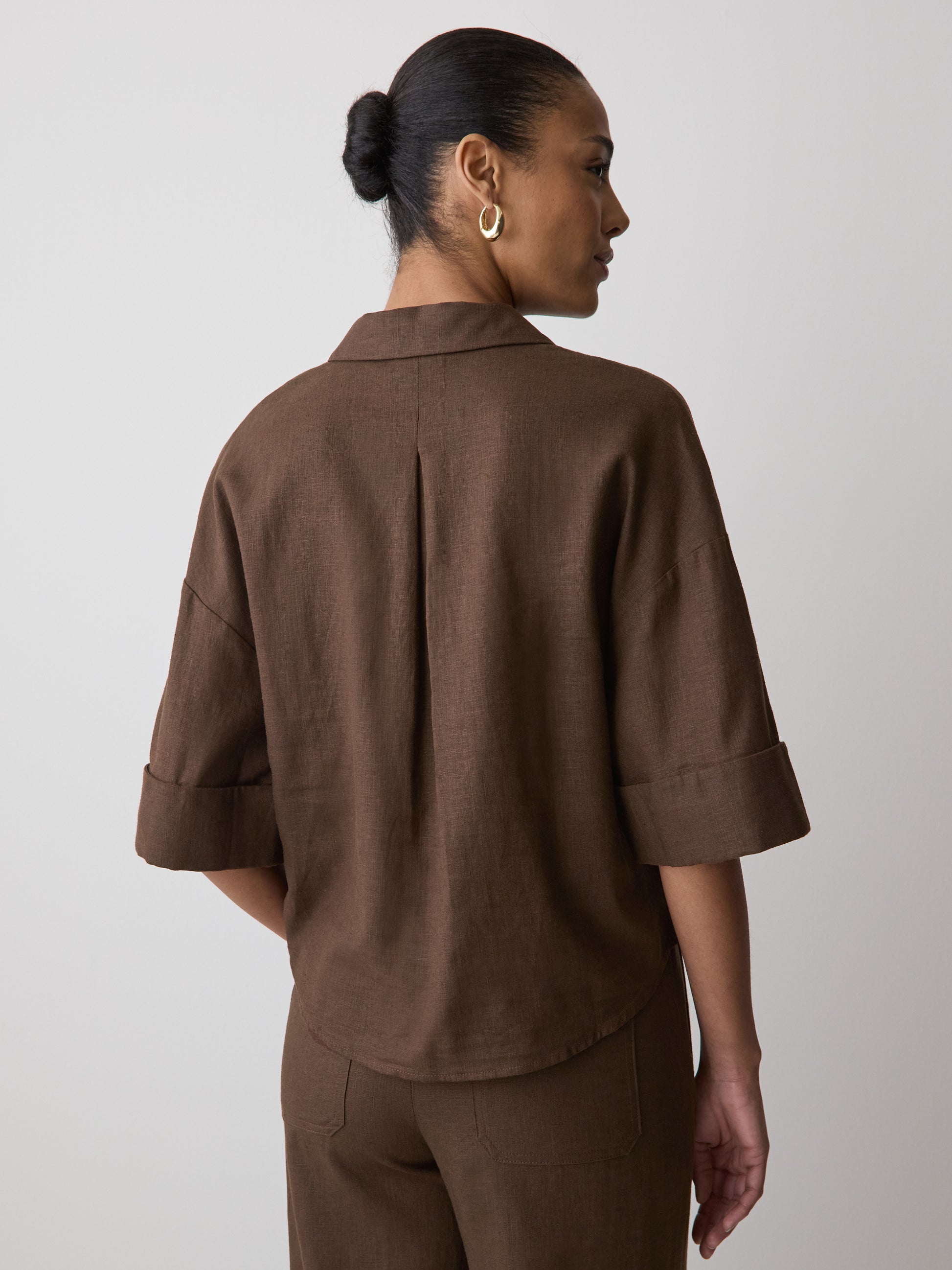 Linen-Blend Short-Sleeve Blouse with Shirt Collar