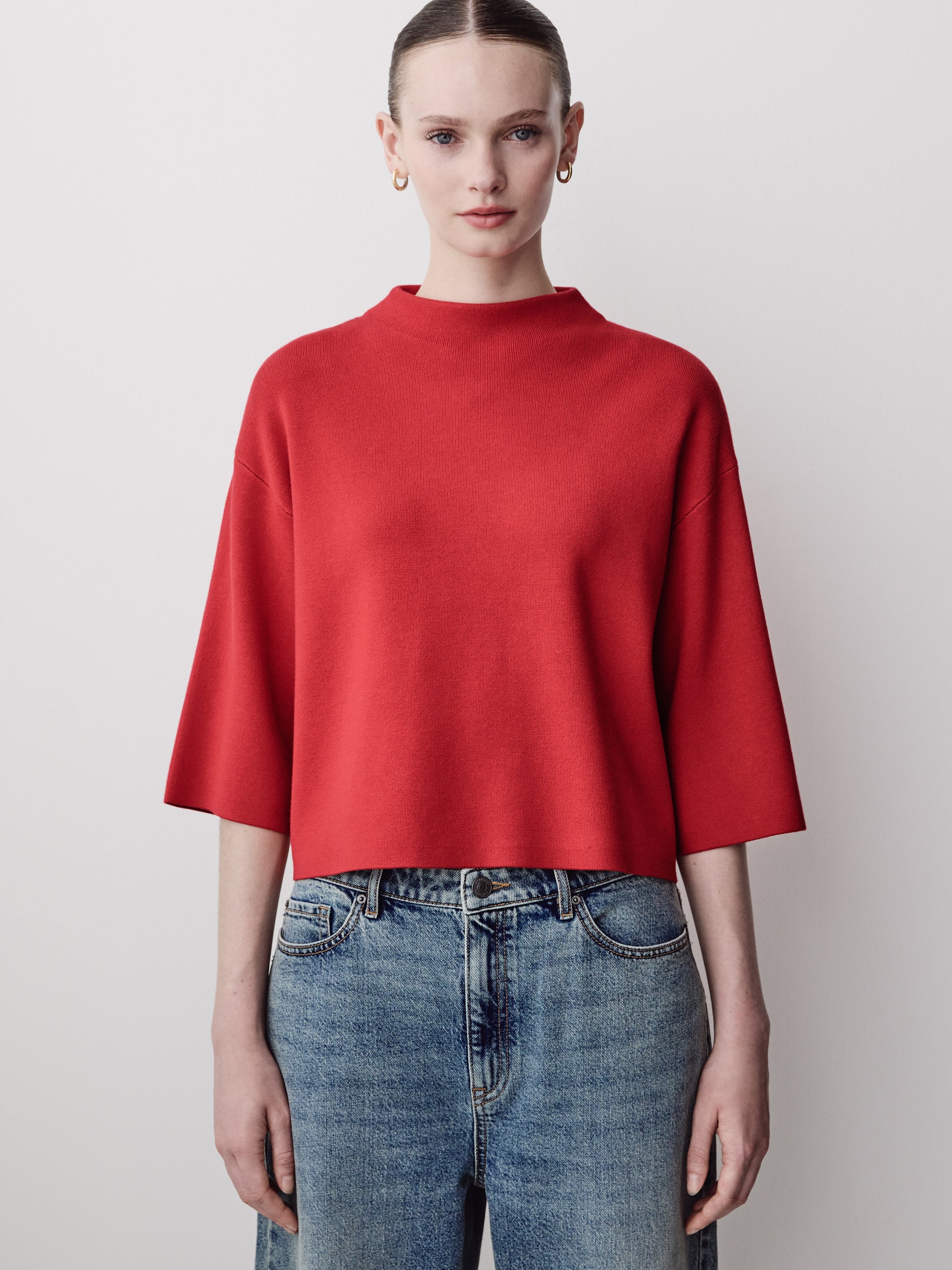 Mock-Neck Sweater with Bell Elbow Sleeves