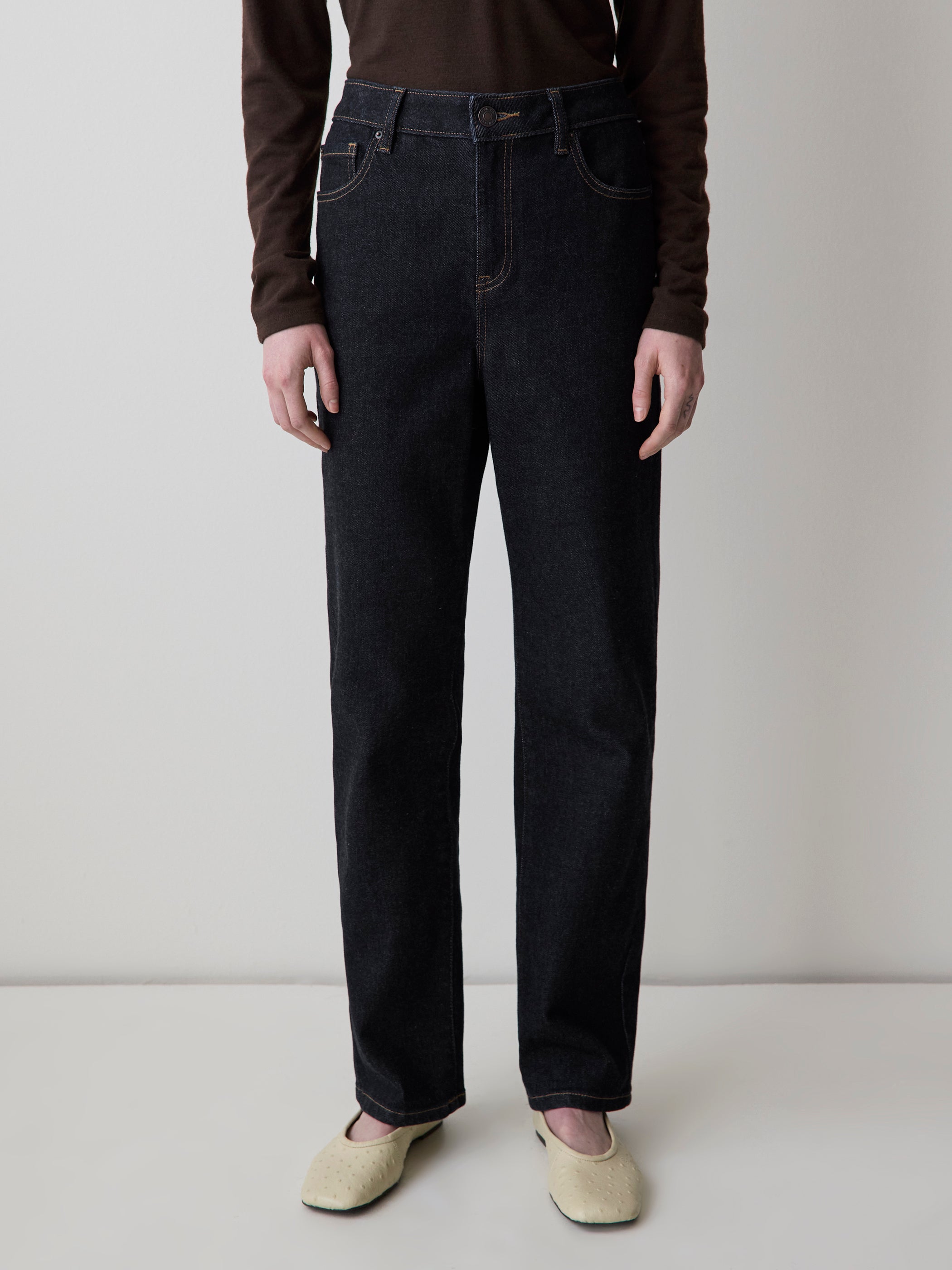 Jeans à Délavé Foncé à Taille Haute et Jambe Droite