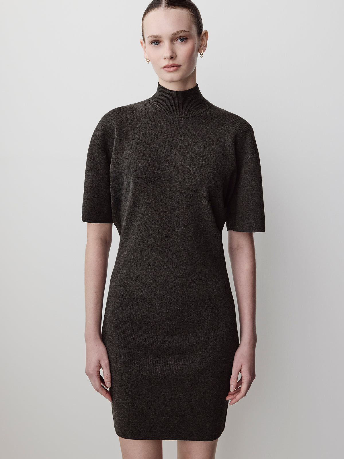 Short-Sleeve Mock-Neck Mini Sweater Dress