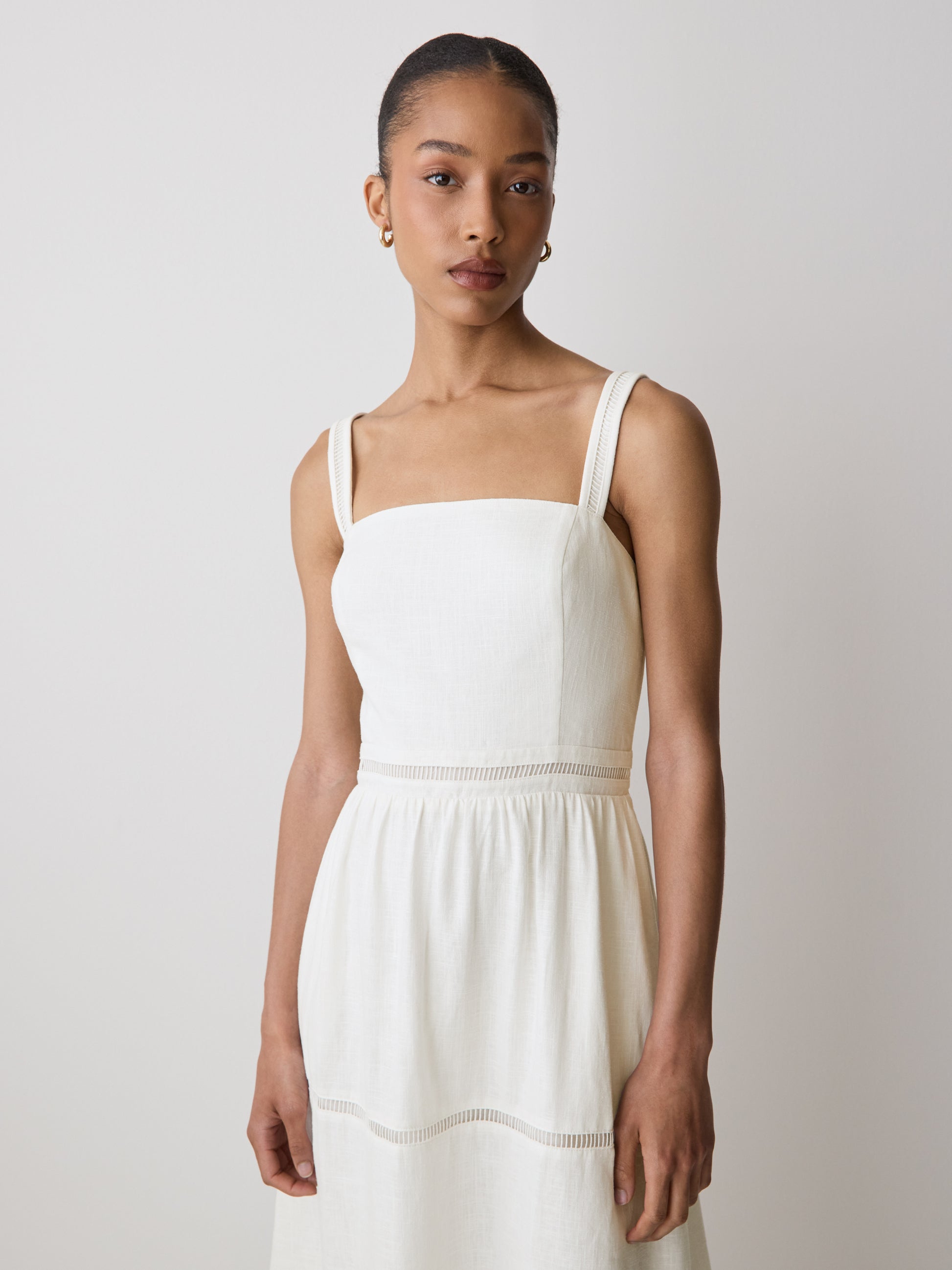 Sleeveless Square-Neck Linen-Blend Midi Dress