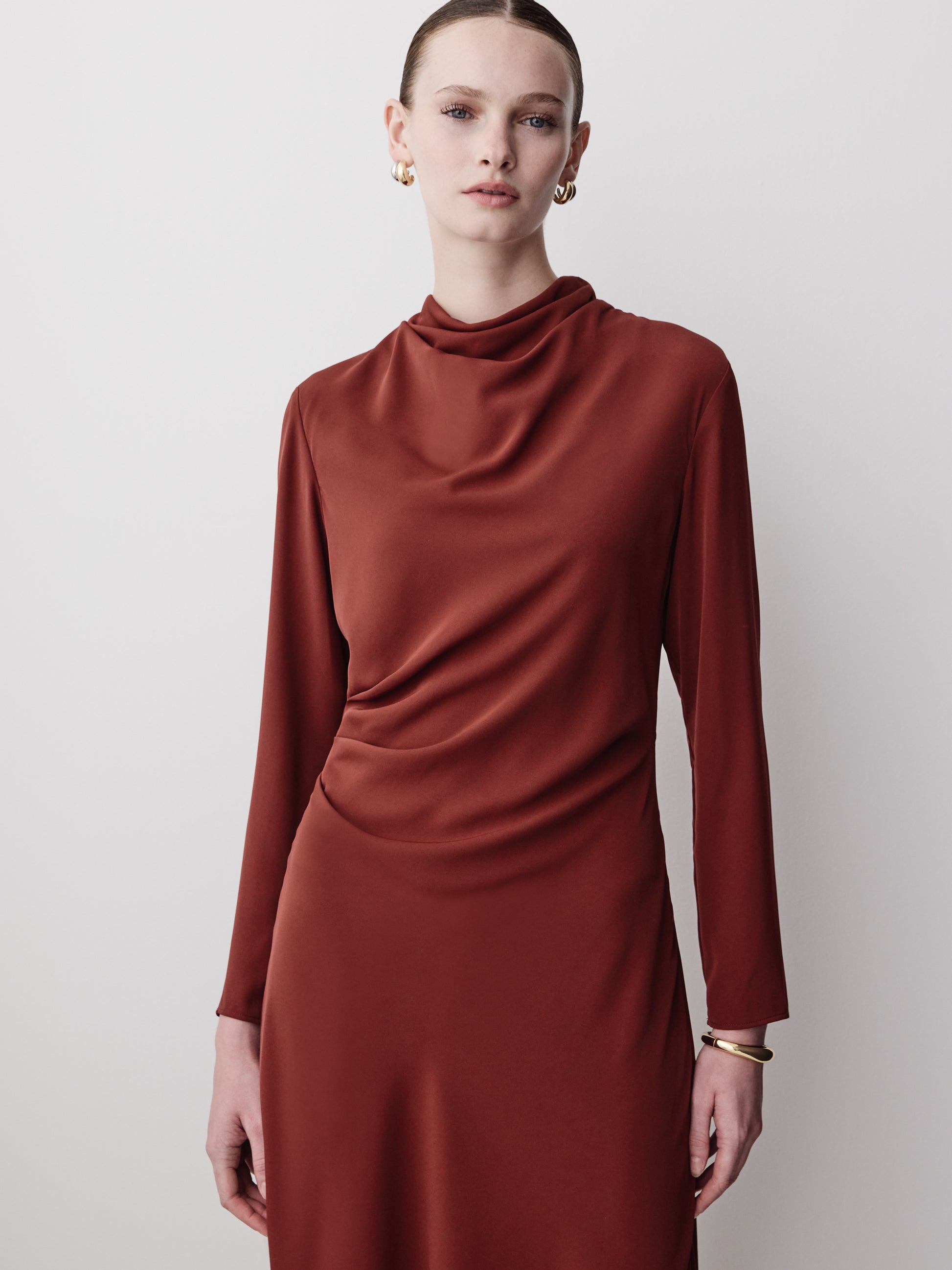 Woven Luxe Crepe Mock Neck Midi Dress