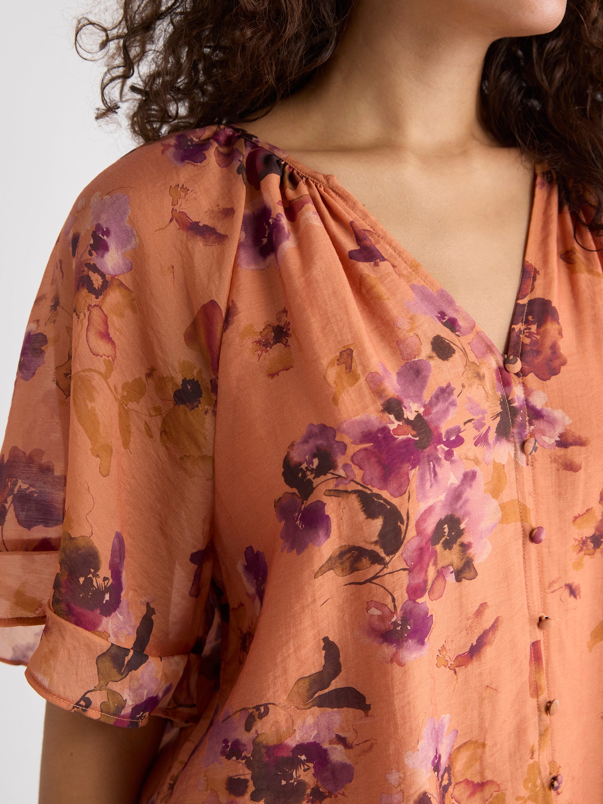 Blouse à Manches Courtes à Volants et Col V