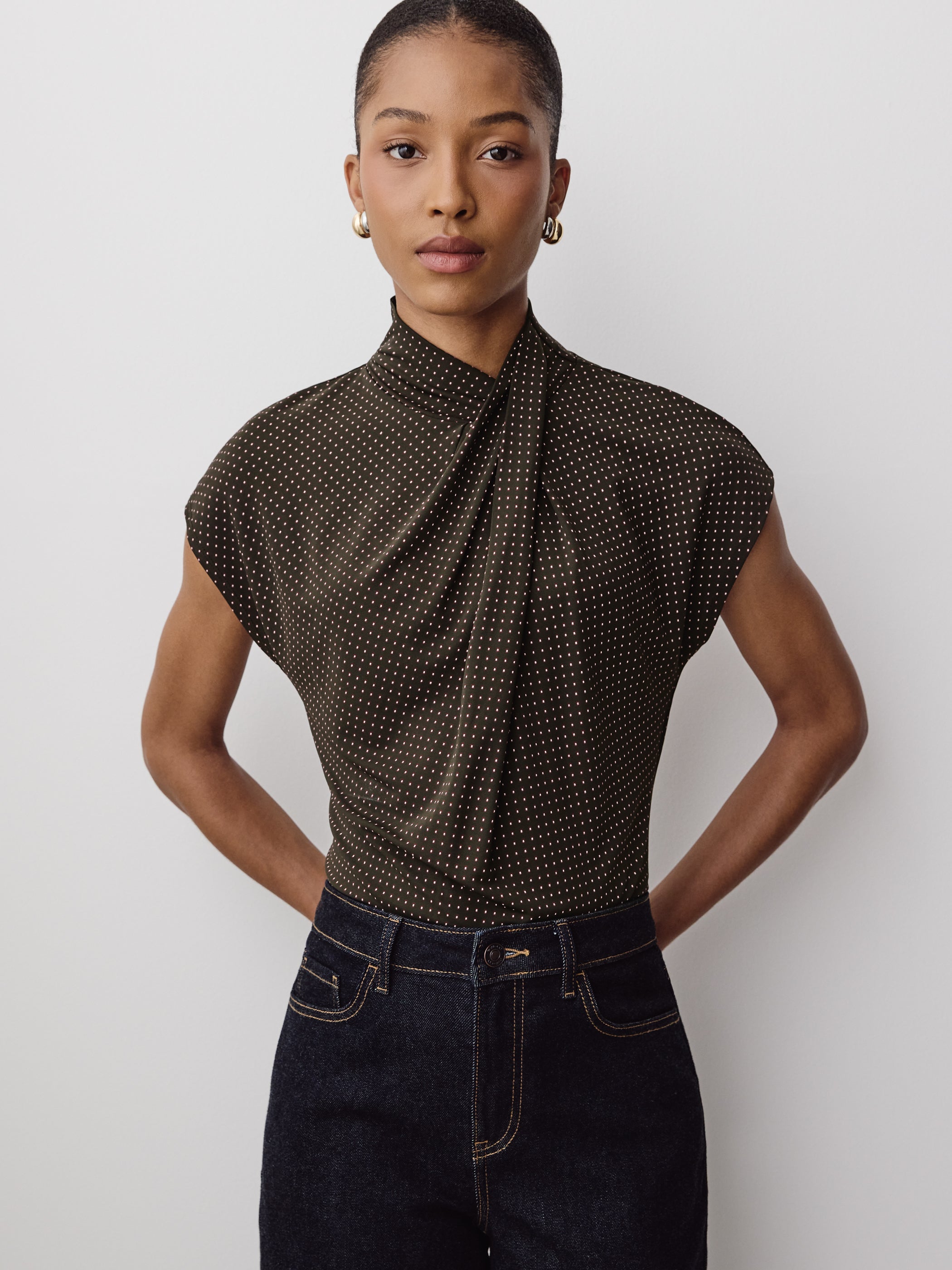 Extended-Sleeve Top with Crossover Draped Mock Neckline