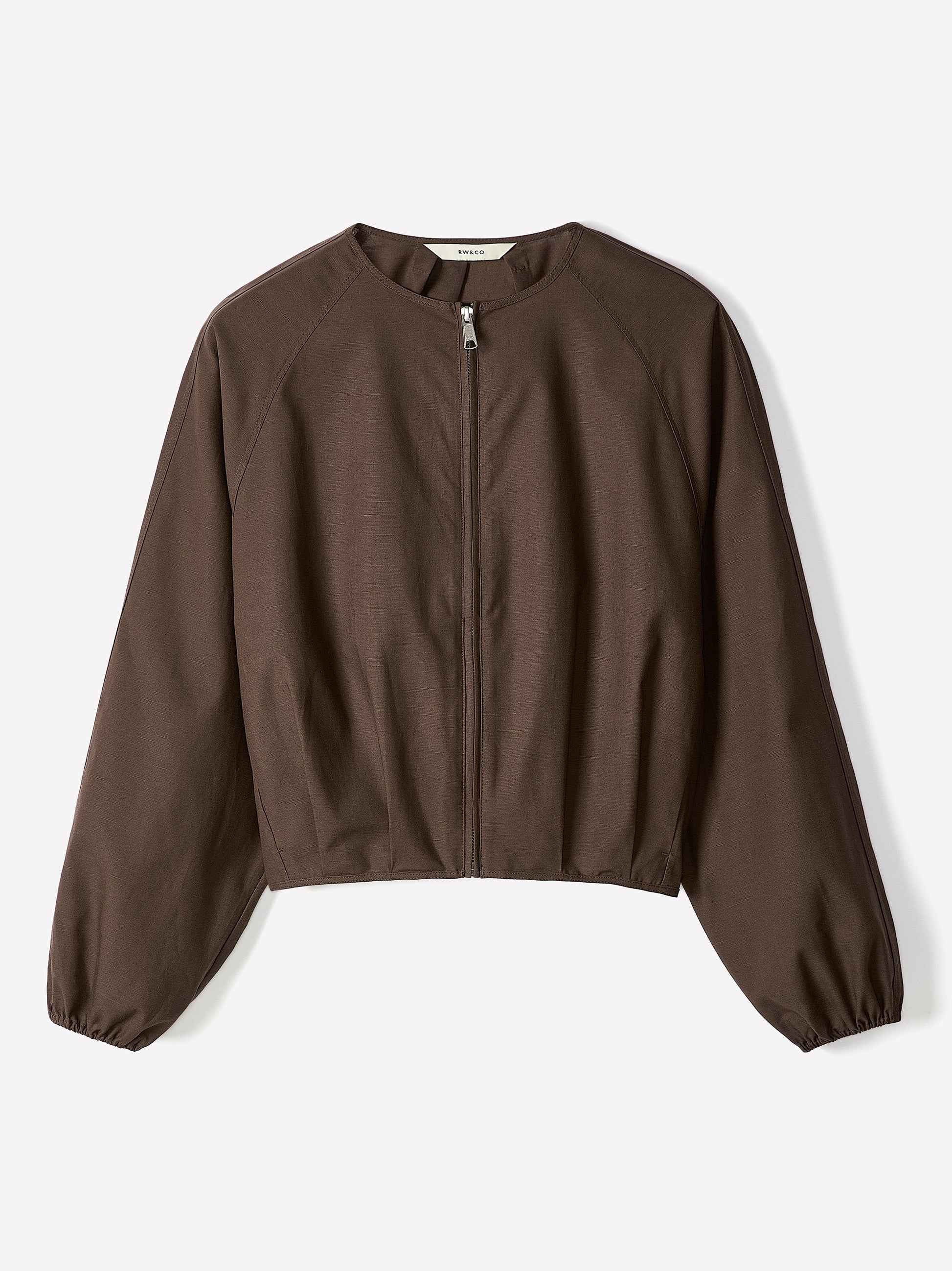 Woven Collarless Bomber Jacket with Zip Front