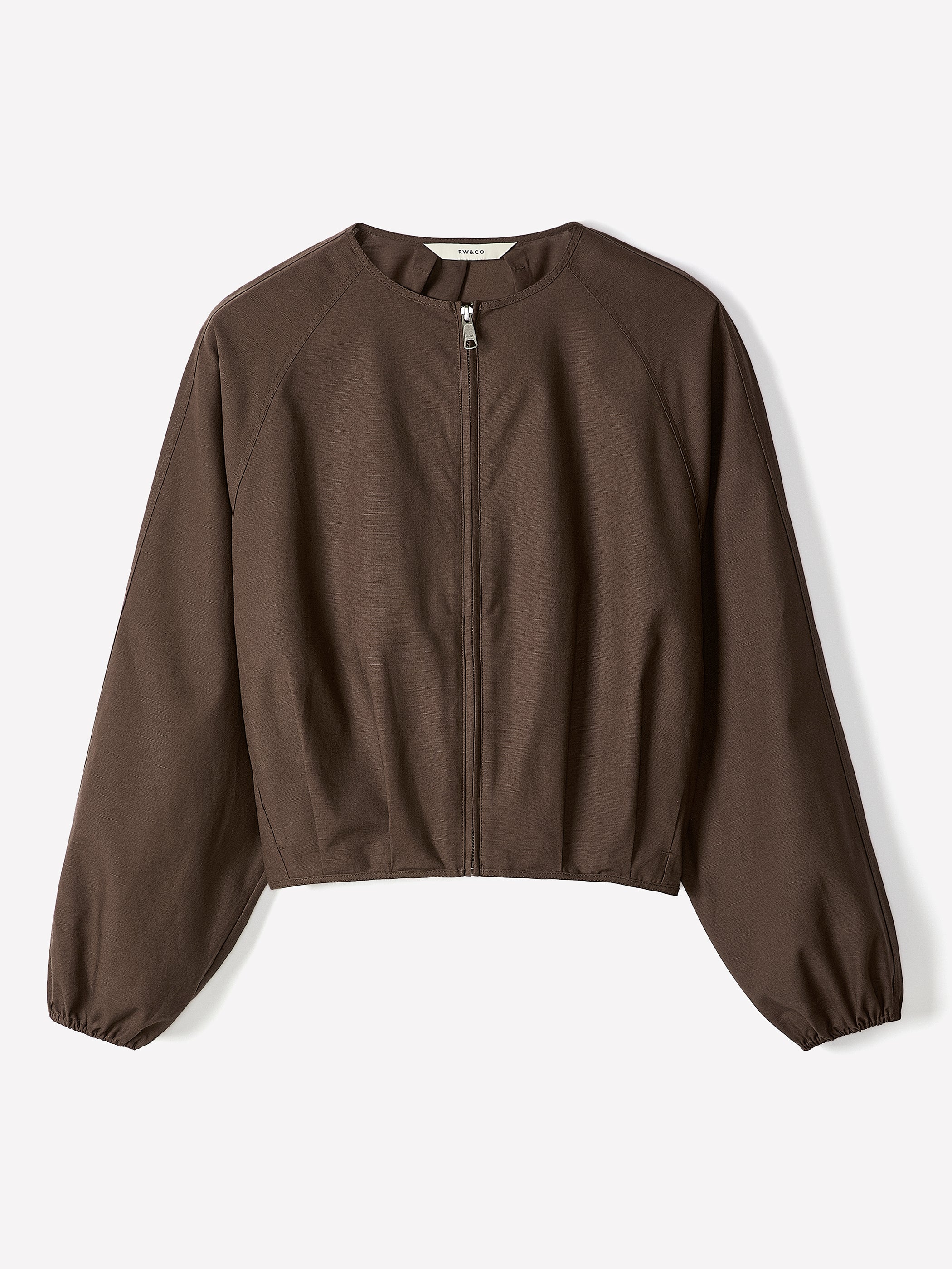Woven Collarless Bomber Jacket with Zip Front