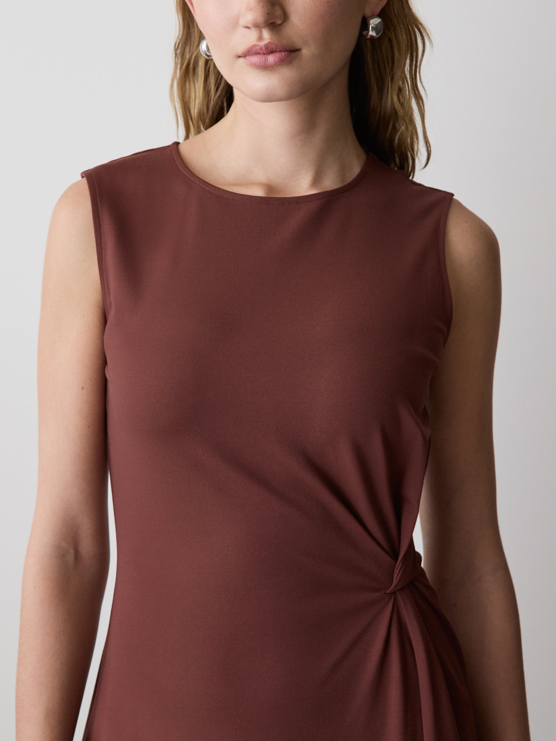 Sleeveless Crew-Neck Midi Dress with Knot Detail