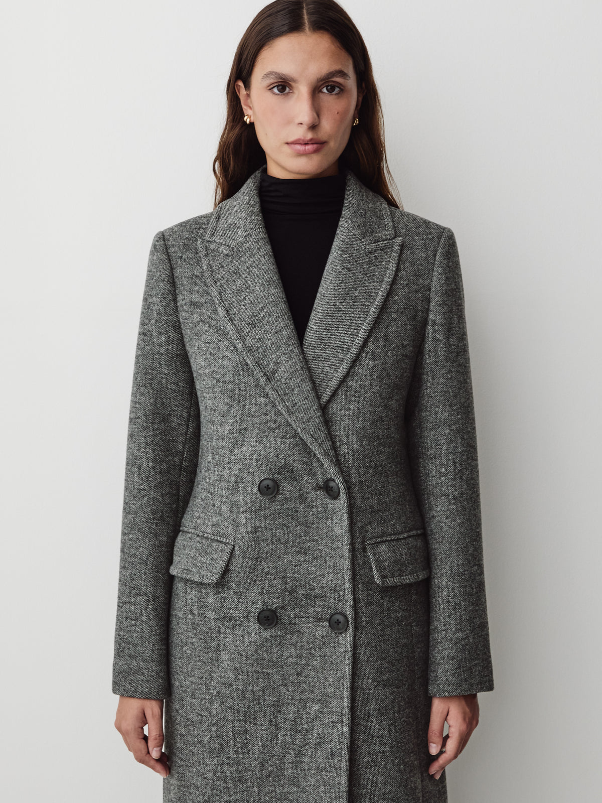 Woven Tweed Double-Breasted Long Coat with Tailored Collar