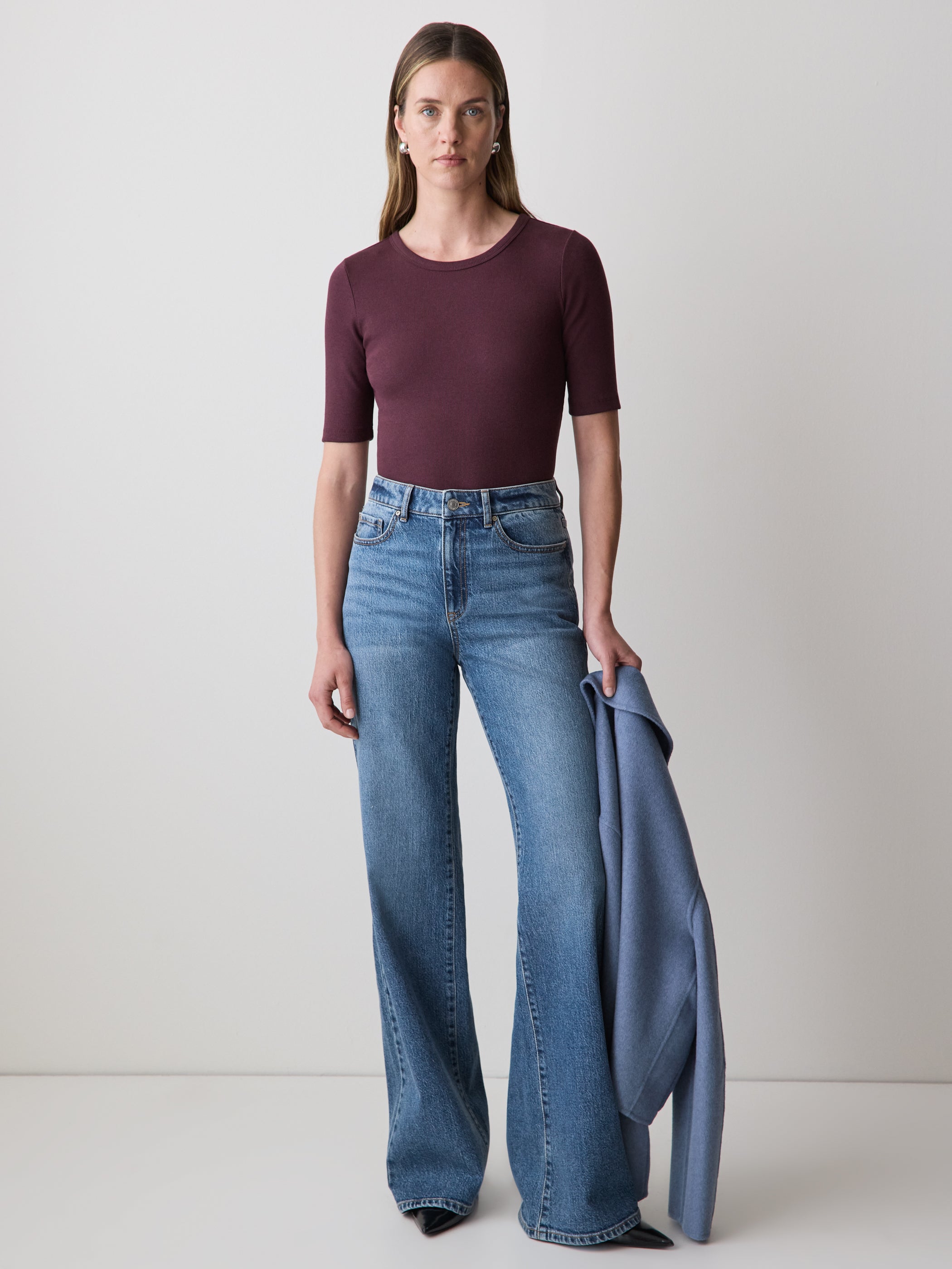 Elbow-Sleeve Crew-Neck Ribbed Tee