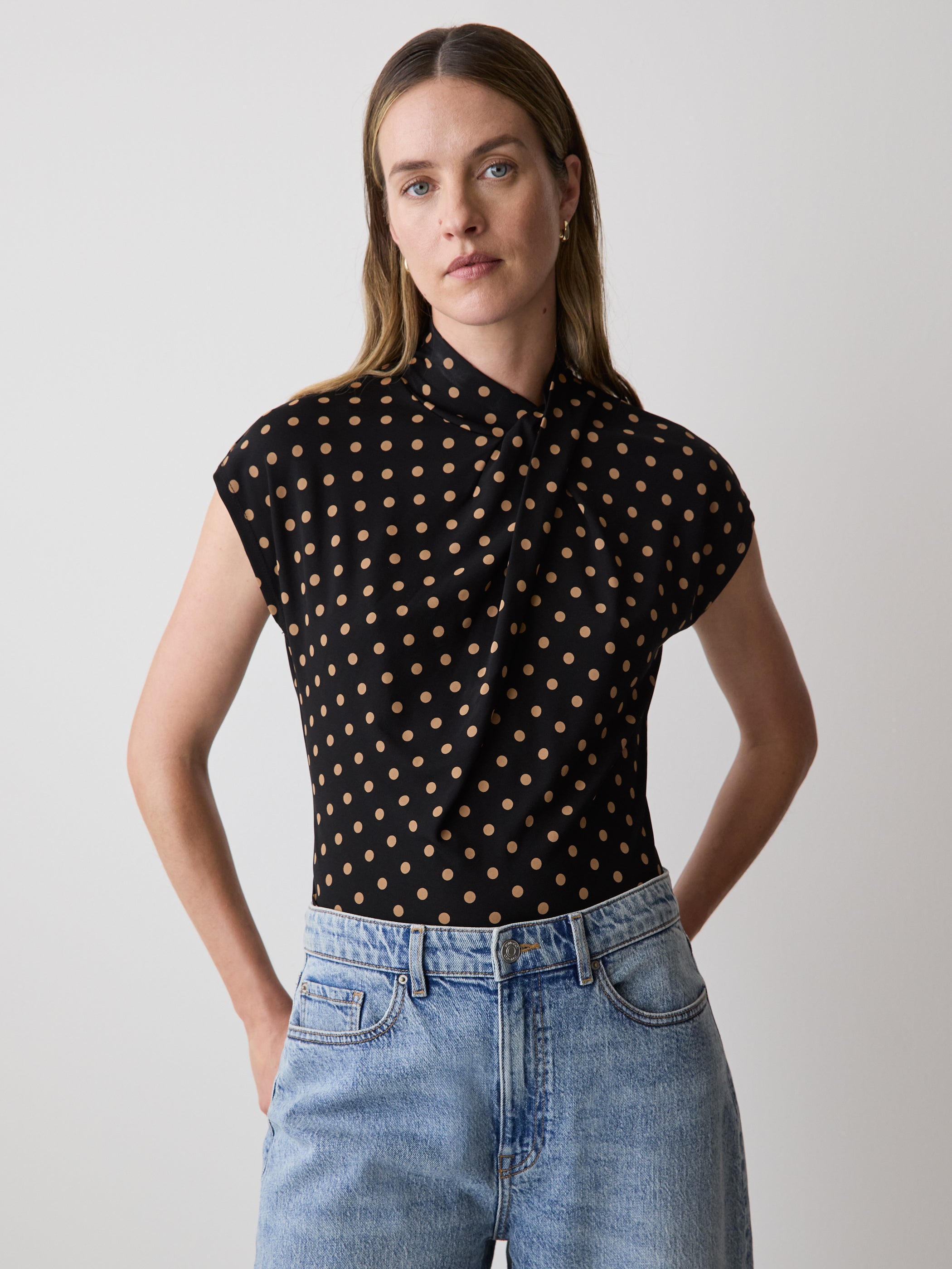 Extended-Sleeve Top with Crossover Draped Mock Neckline