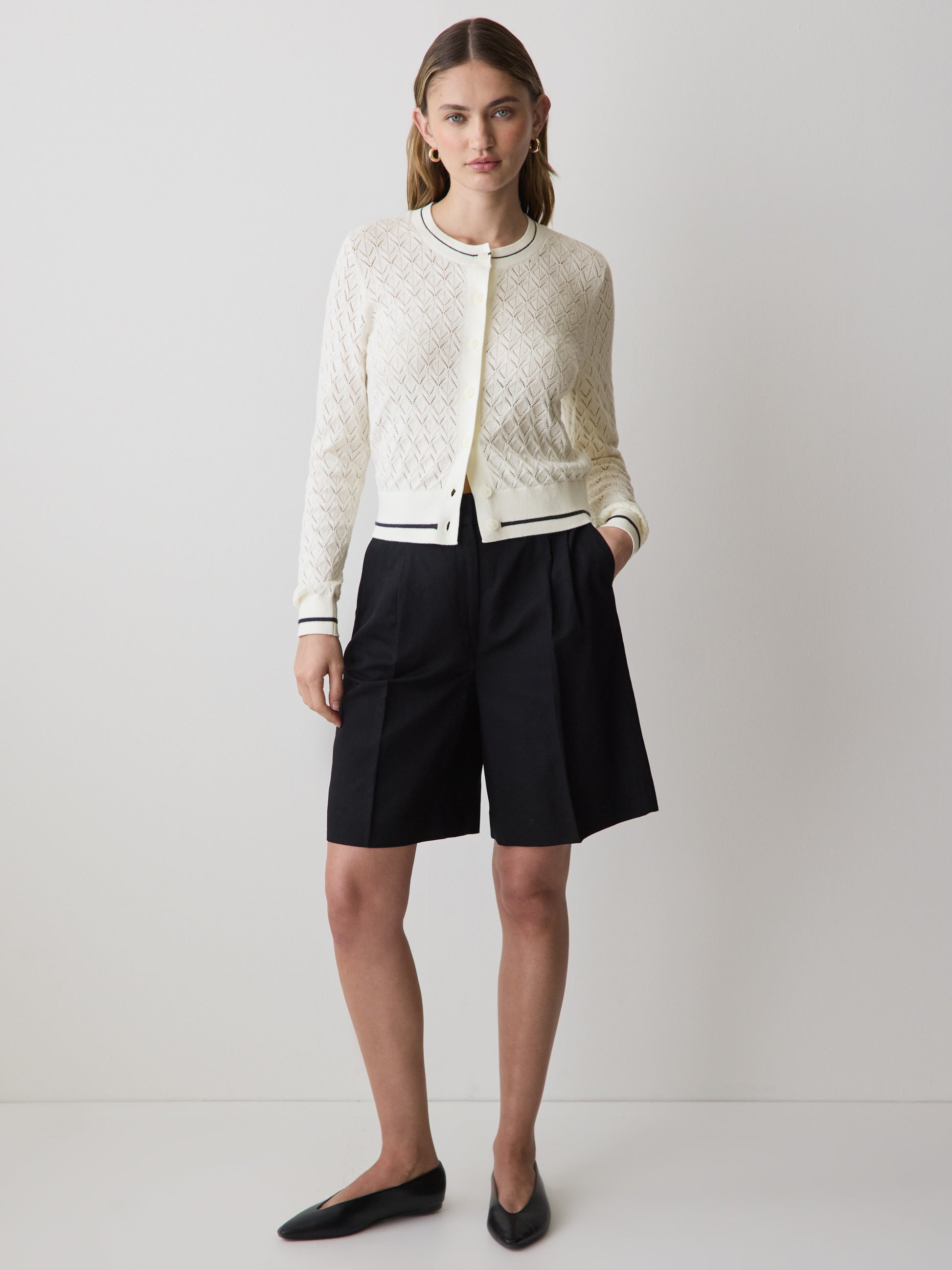 Long-Sleeve Crew-Neck Cardigan with Pointelle Stitches