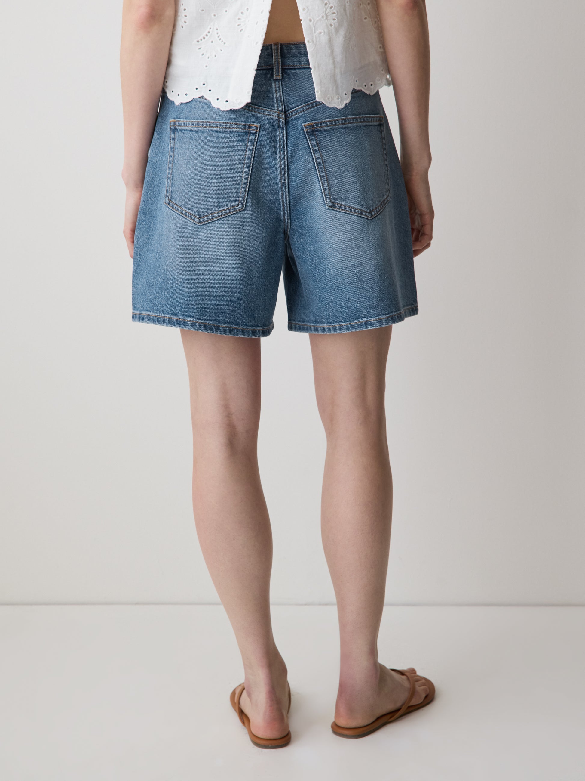 Woven Denim High Rise Mid Thigh Shorts