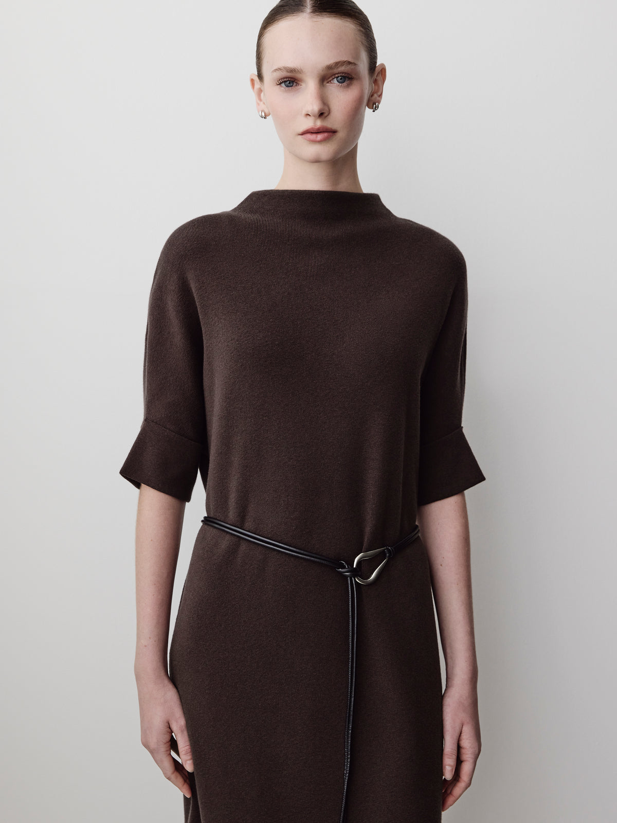 3/4-Sleeve Mock-Neck Belted Midi Dress