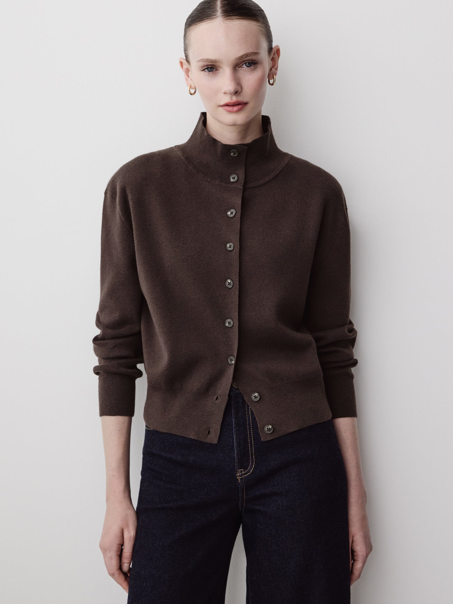 Knit Cardigan Cotton Nylon Blend Mock Neck