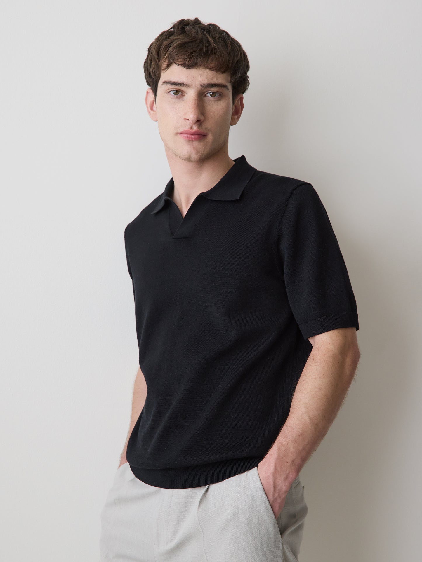 Cotton Short-Sleeve Polo with Johnny Collar