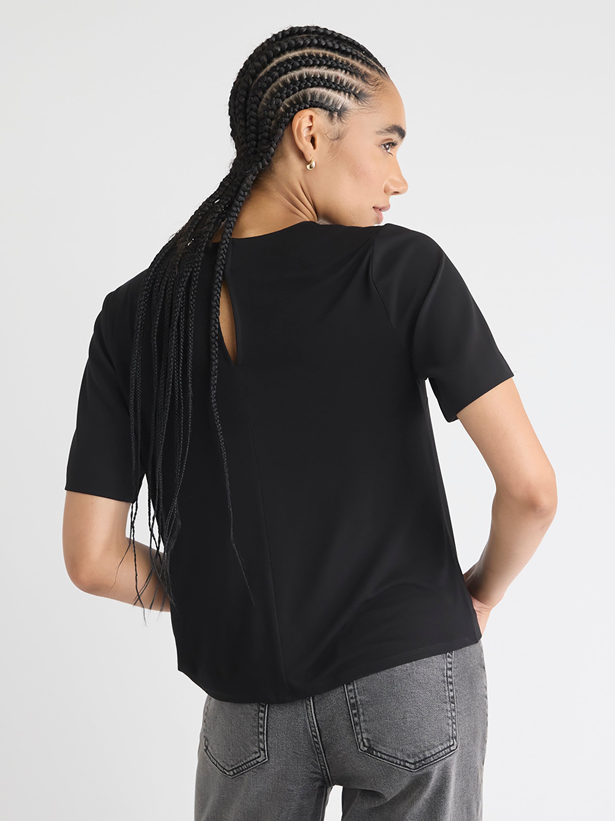 Short-Sleeve Crew-Neck Mix-Media Blouse