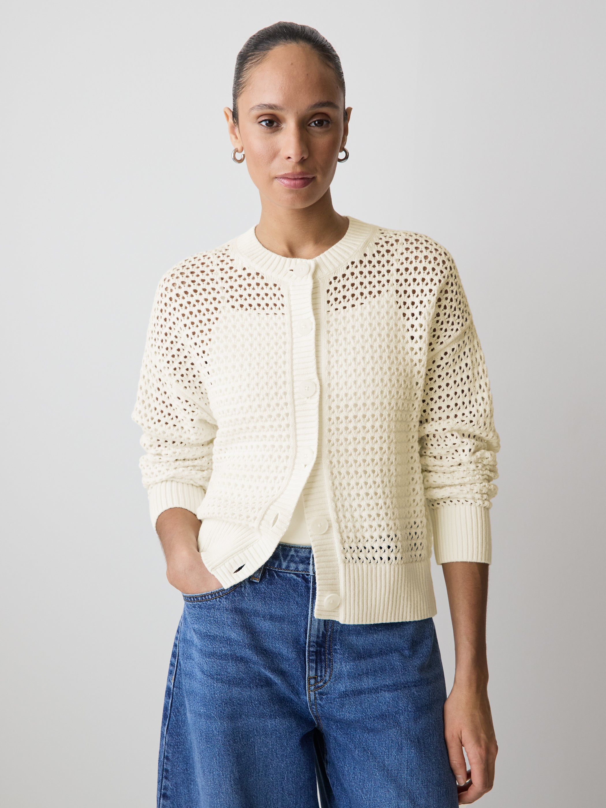 Cardigan en Mailles Ajourées à Manches Longues