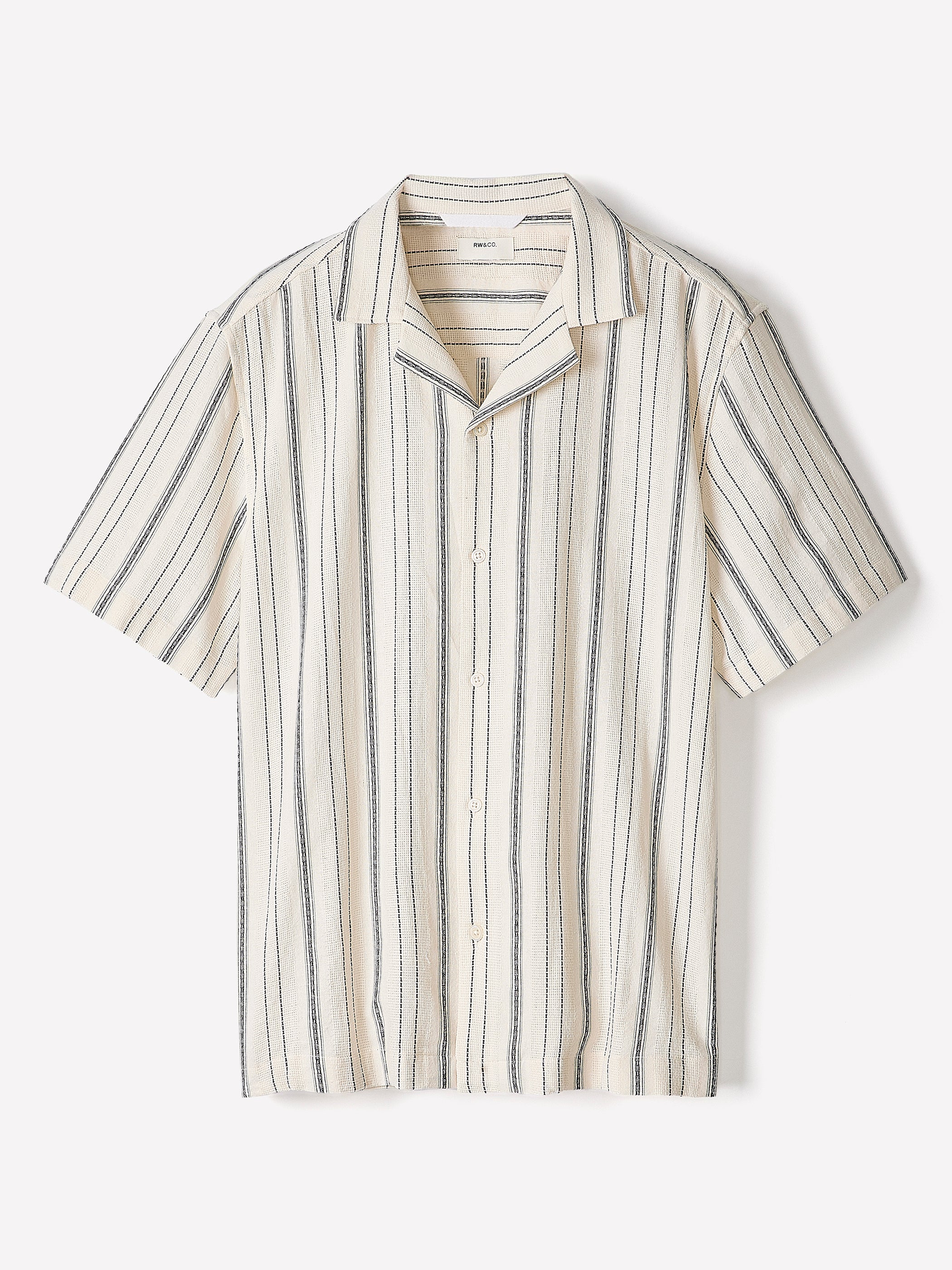 Striped Short-Sleeve Textured Shirt with Camp Collar