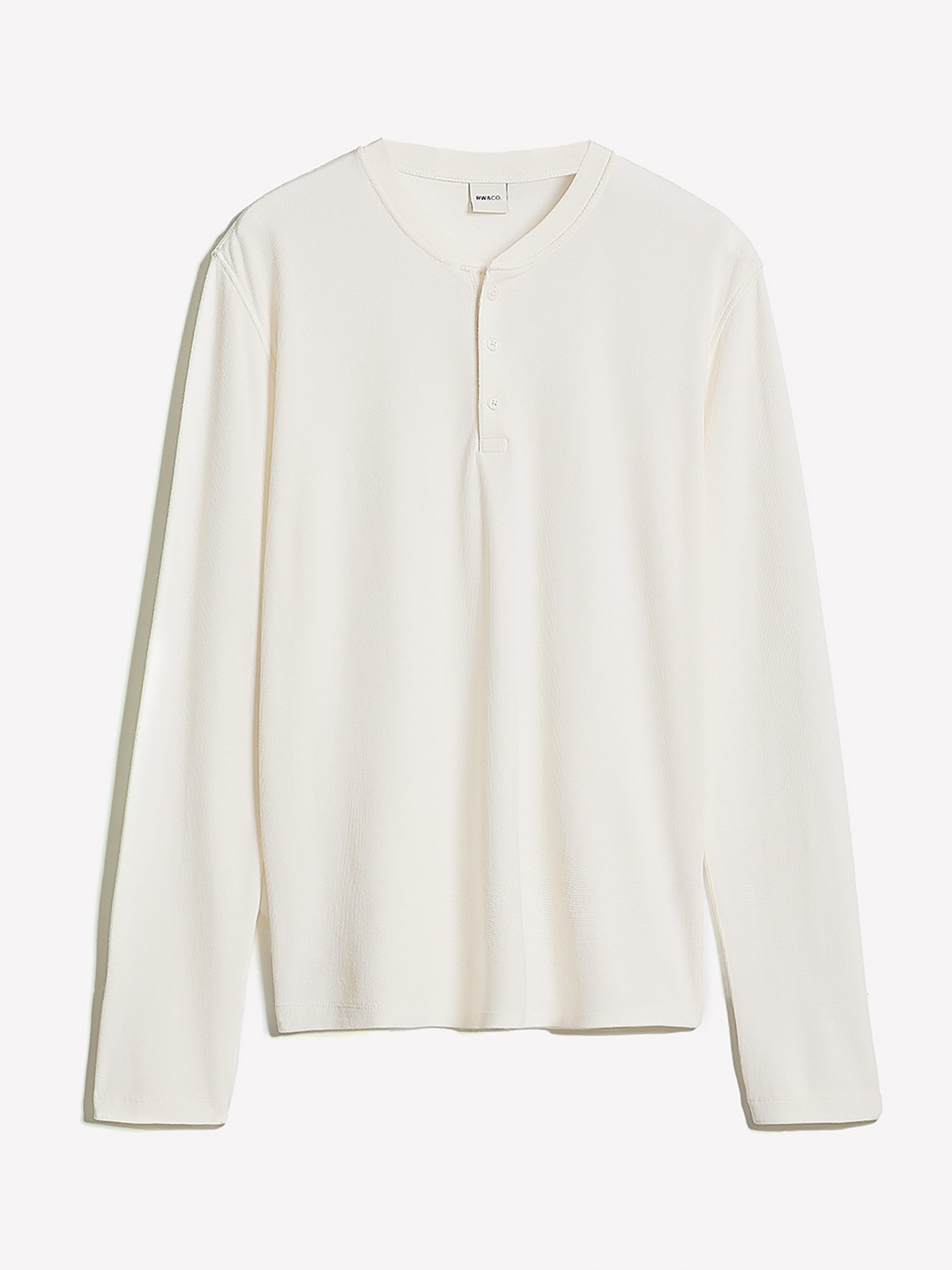 T-shirt Gaufré à Manches Longues et Col Henley