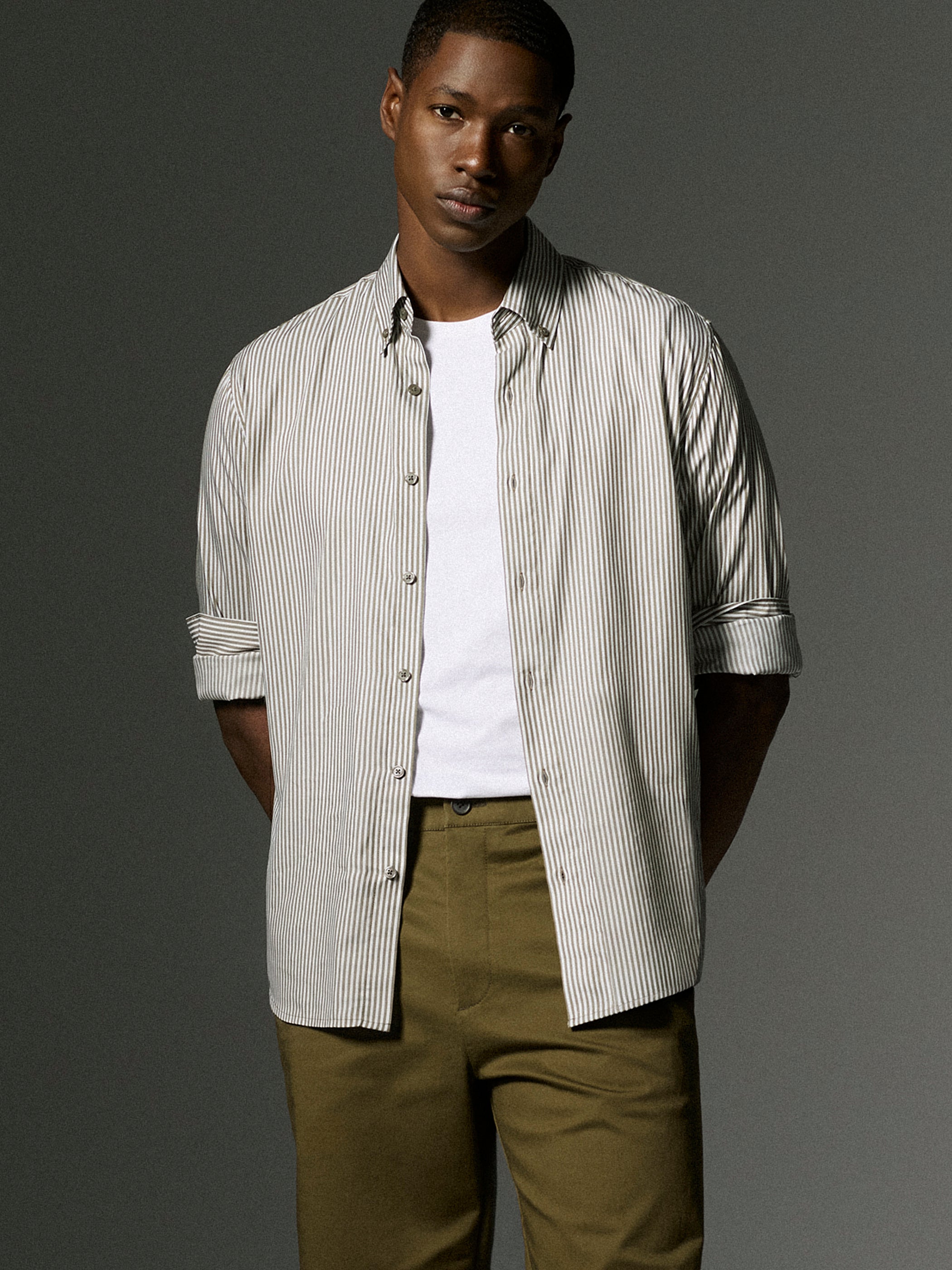 Mens Woven Tailored Collar Shirt Green Stripe Cotton Lyocell