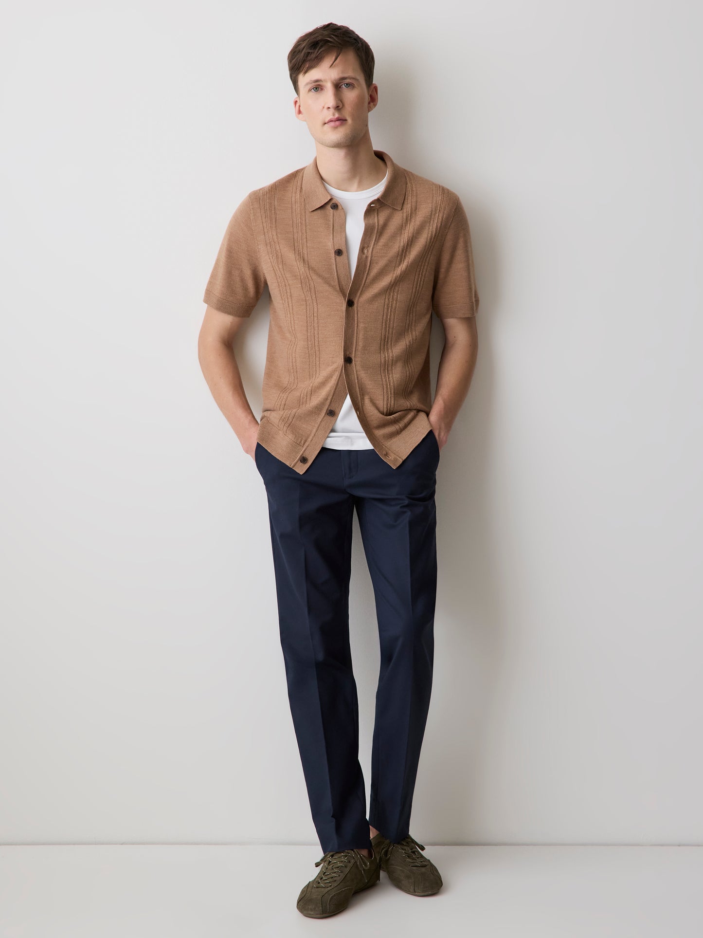 Merino-Wool Short-Sleeve Shirt-Collar Cardigan