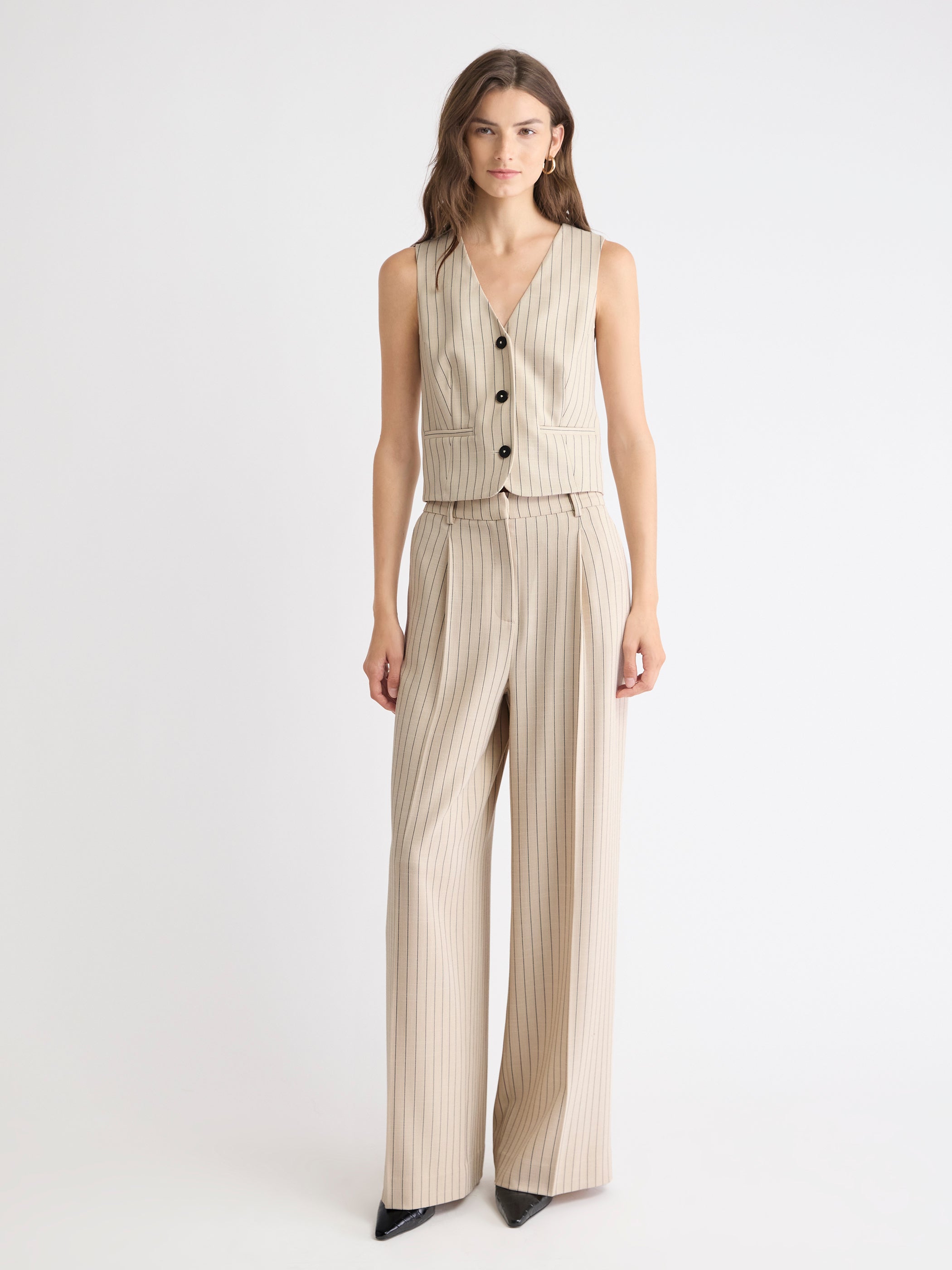 Pantalon Rayé à Jambe Large et Taille Haute