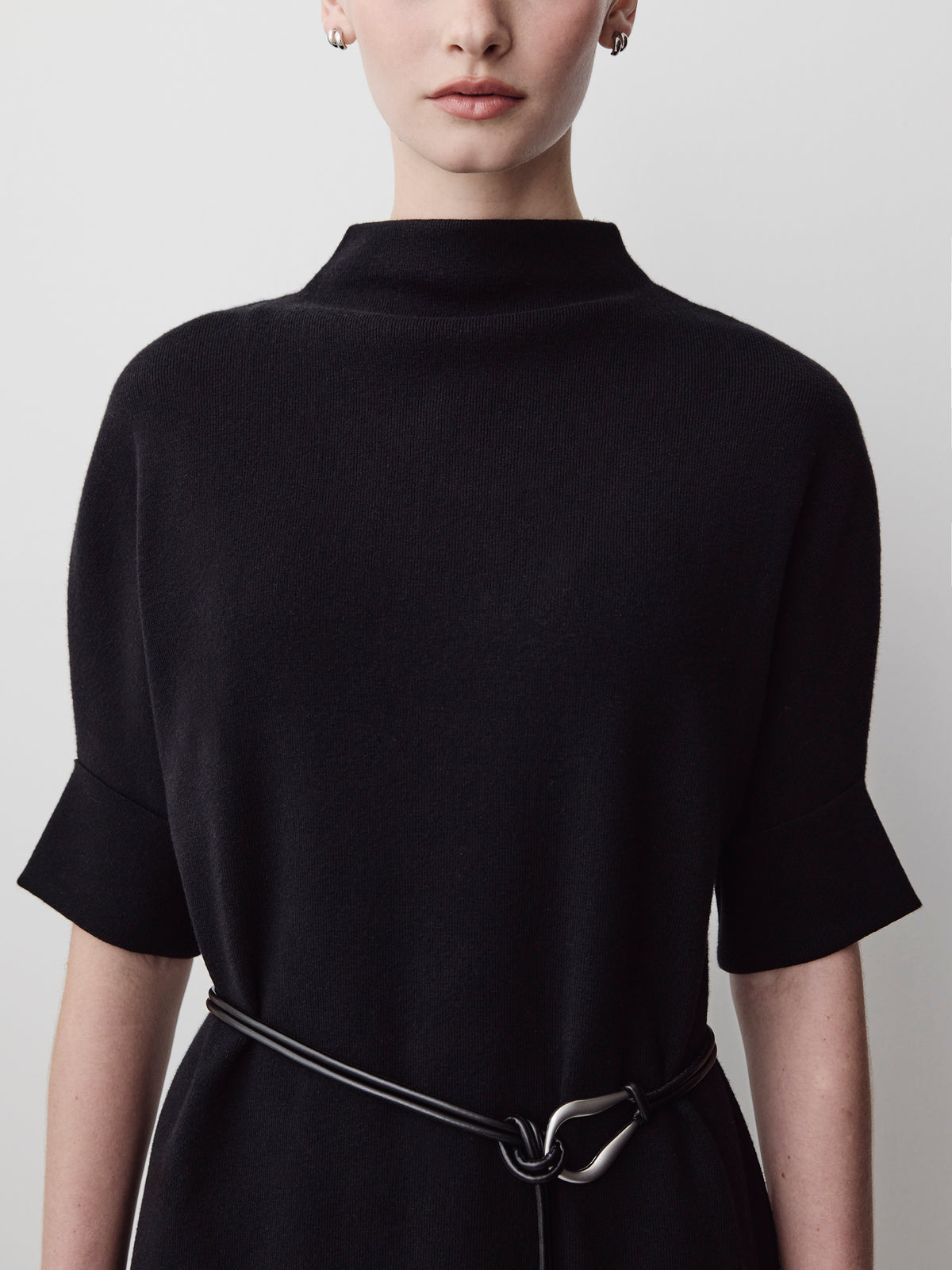 3/4-Sleeve Mock-Neck Belted Midi Dress