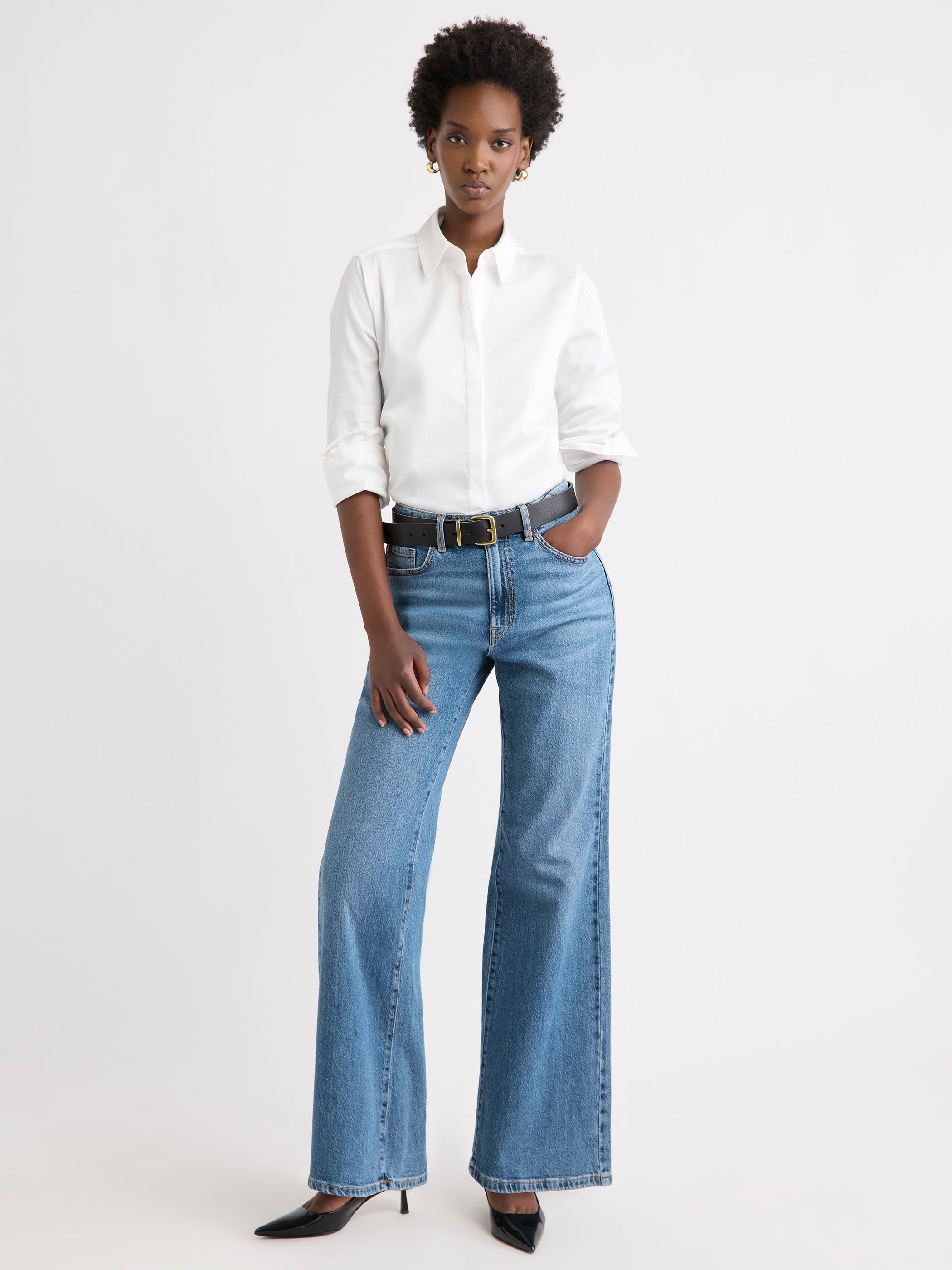 Blouse Ajustée en Popeline à Manches Longues