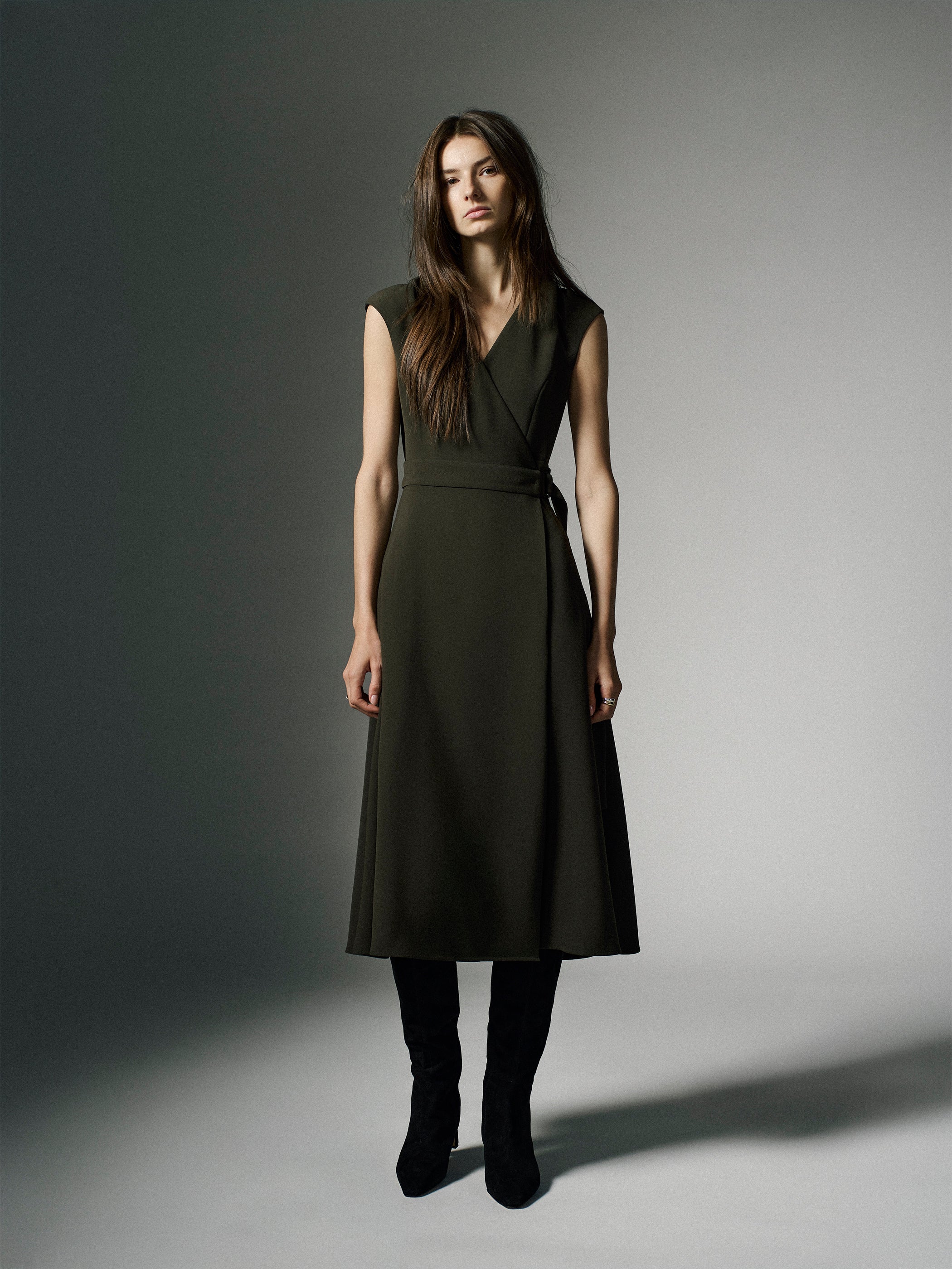 Extended-Sleeve V-Neck Wrap Midi Dress