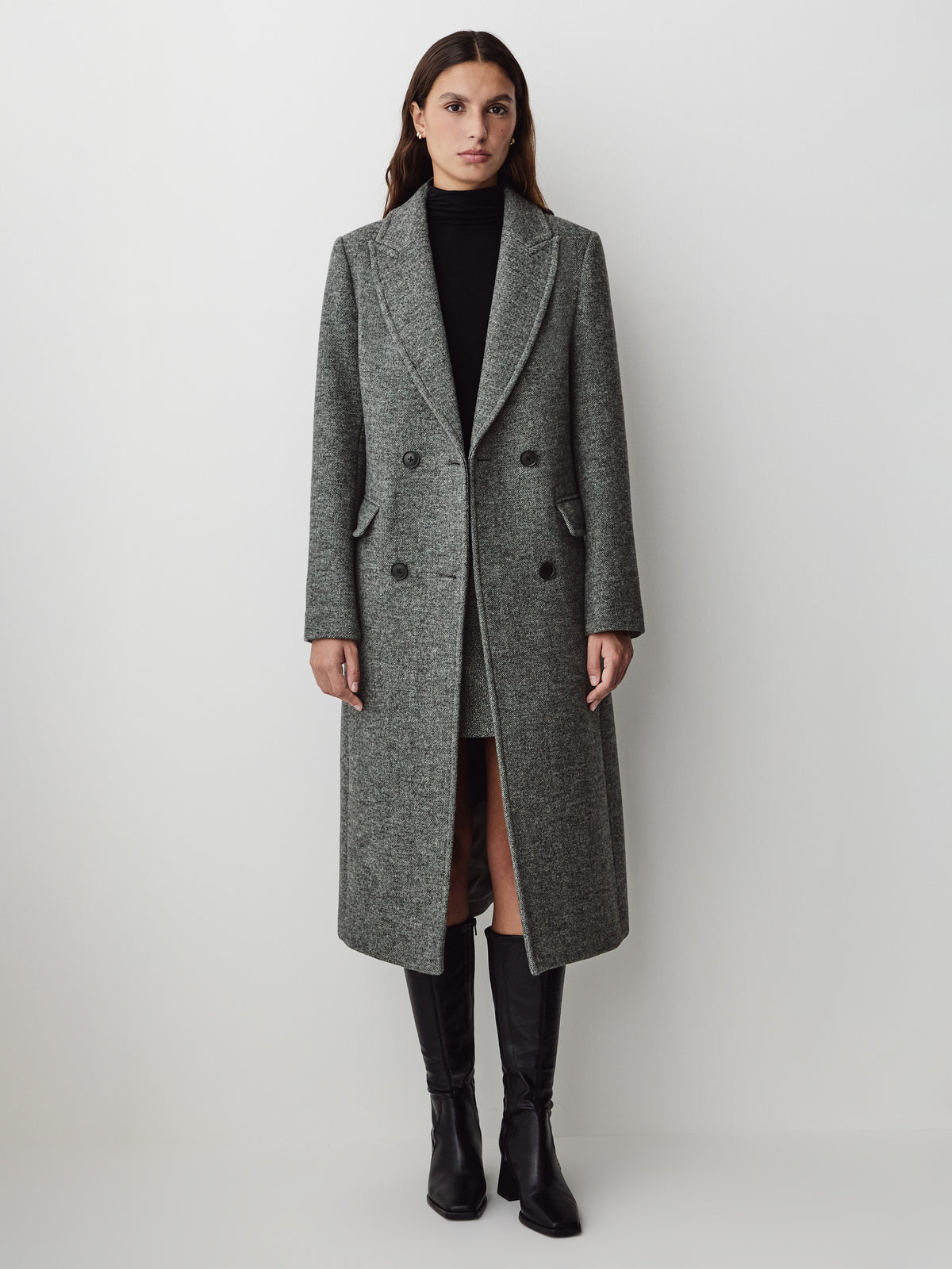 Woven Tweed Double-Breasted Long Coat with Tailored Collar