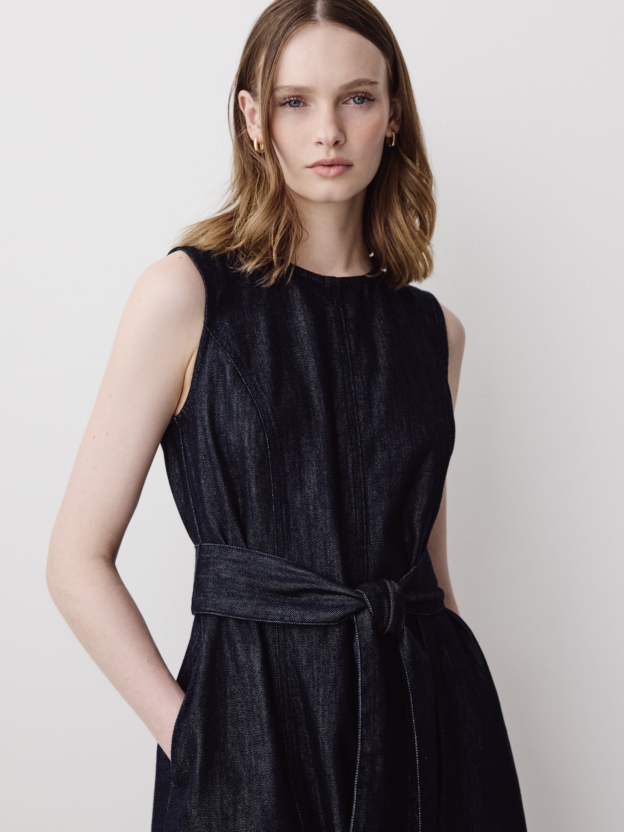 Sleeveless Belted Midi Denim Dress