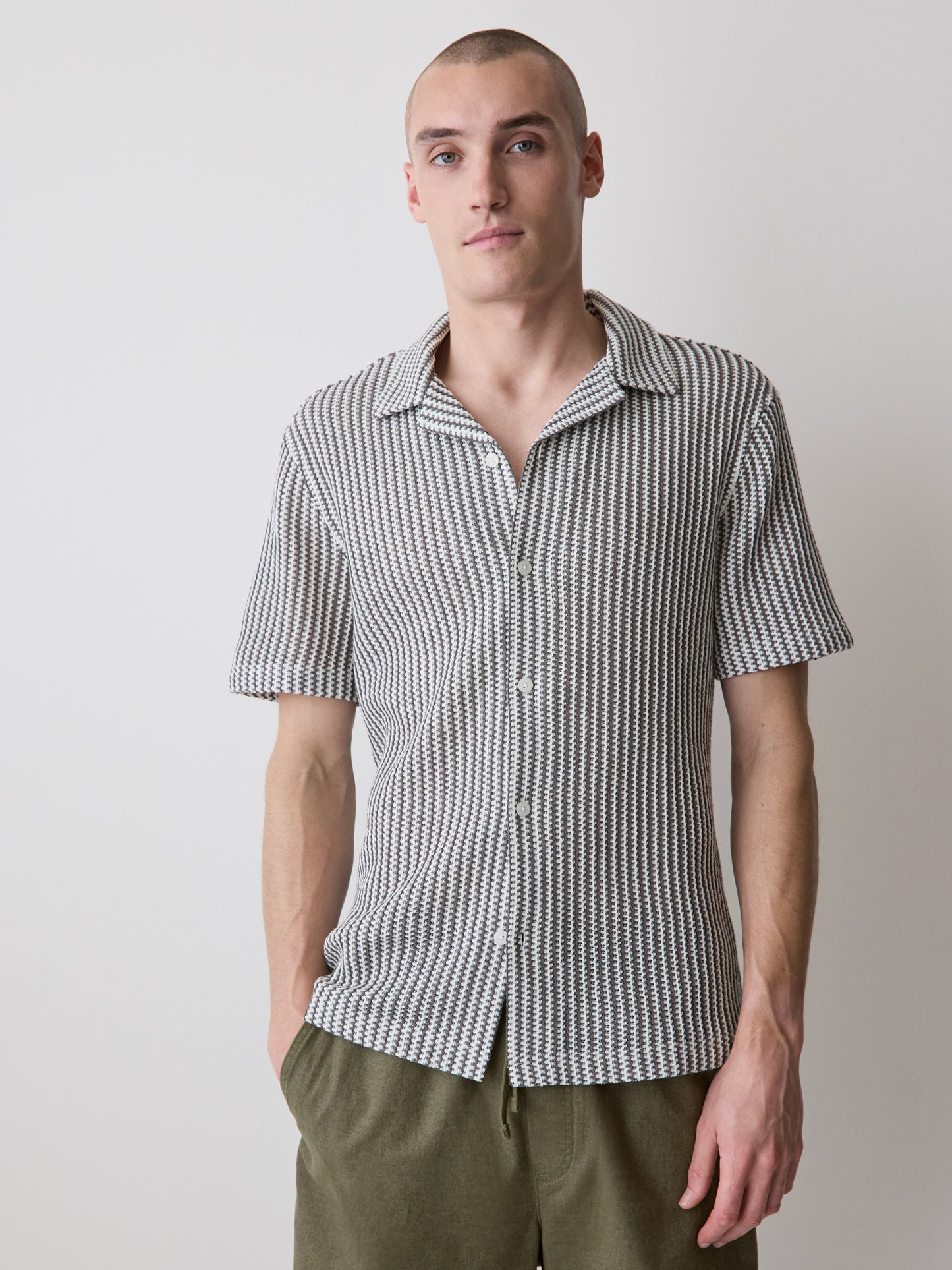 Striped Short-Sleeve Crochet Shirt with Camp Collar