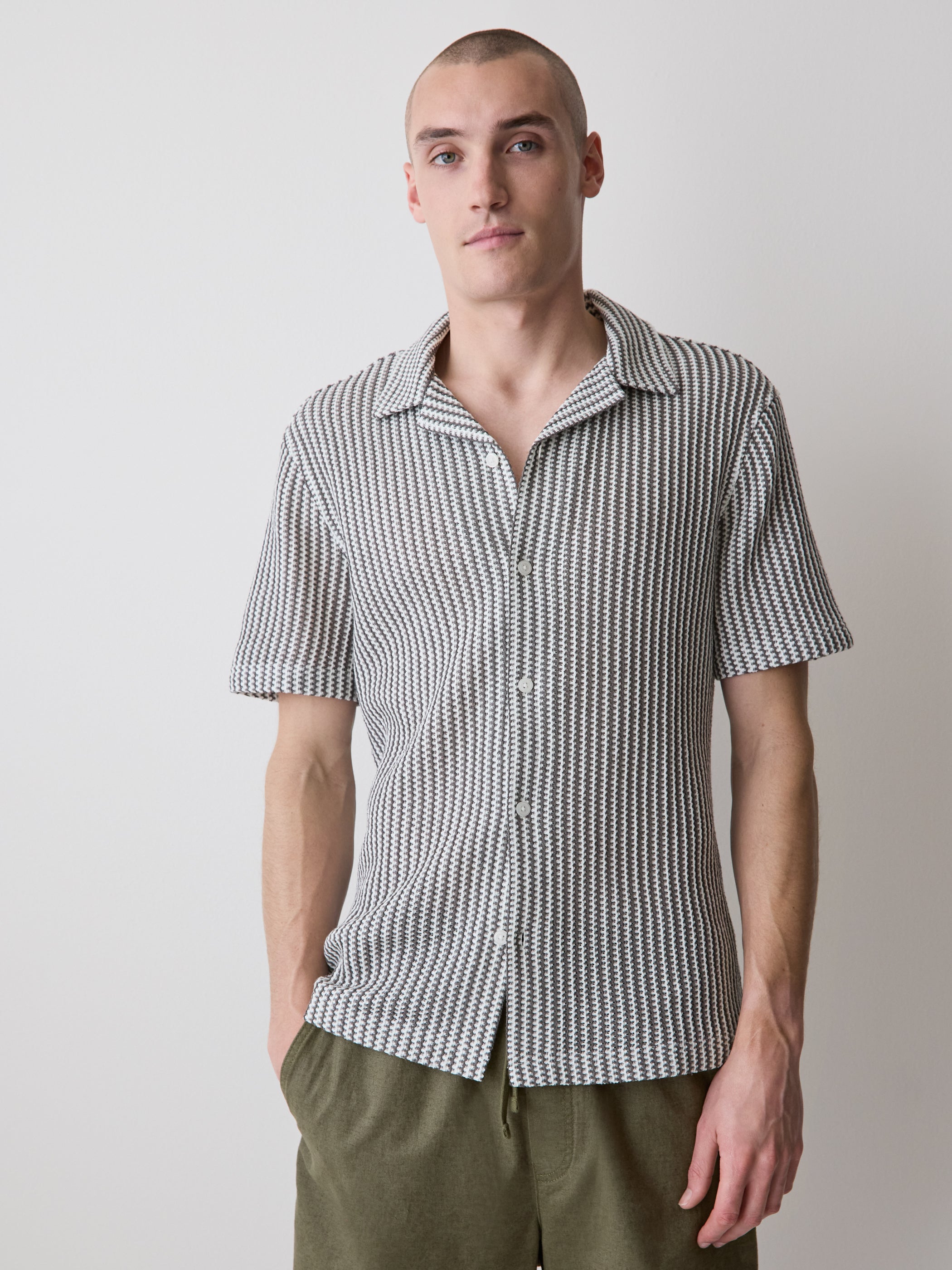 Striped Short-Sleeve Crochet Shirt with Camp Collar