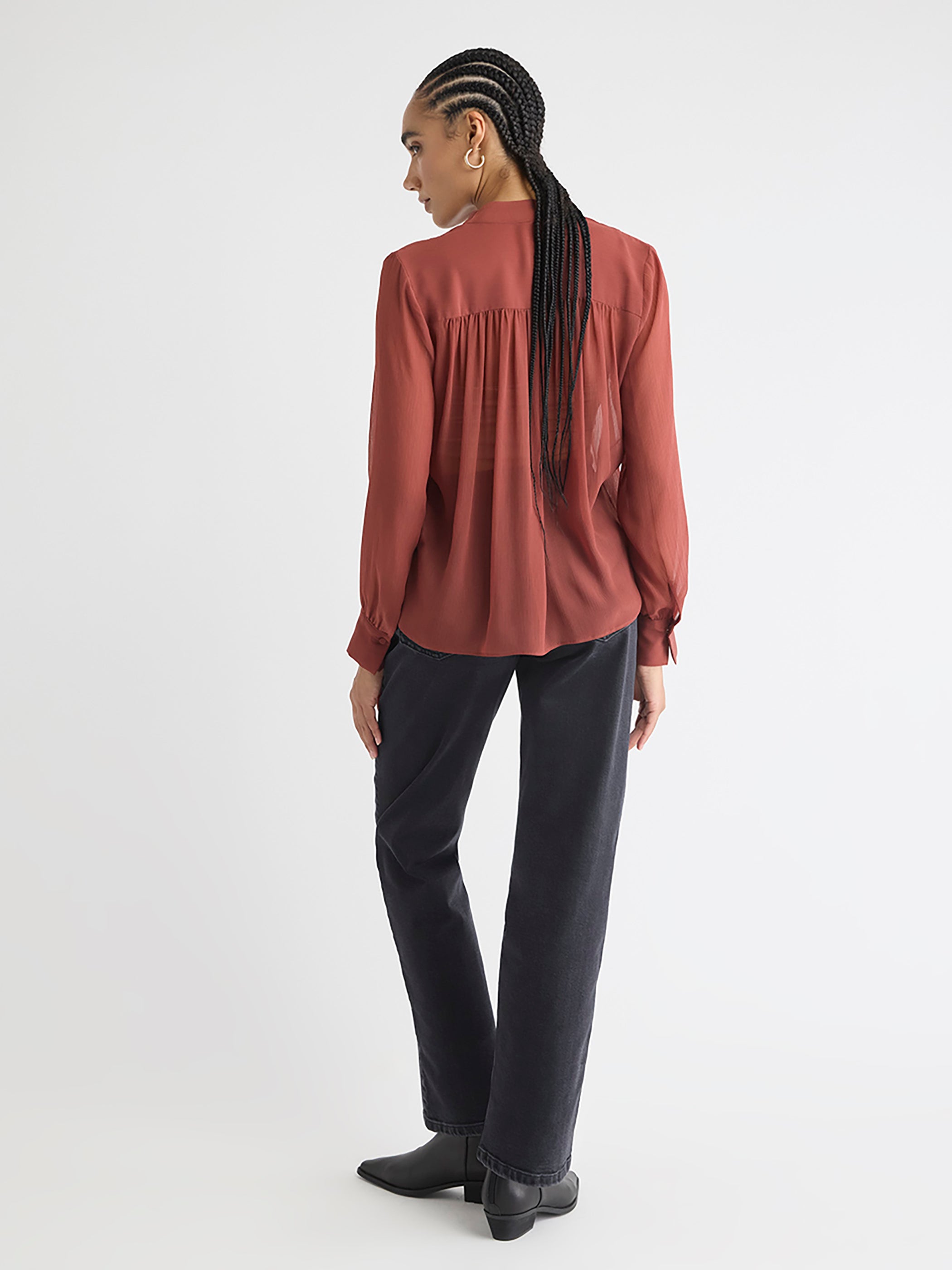 Long-Sleeve V-Neck Blouse with Ribbon at Neckline