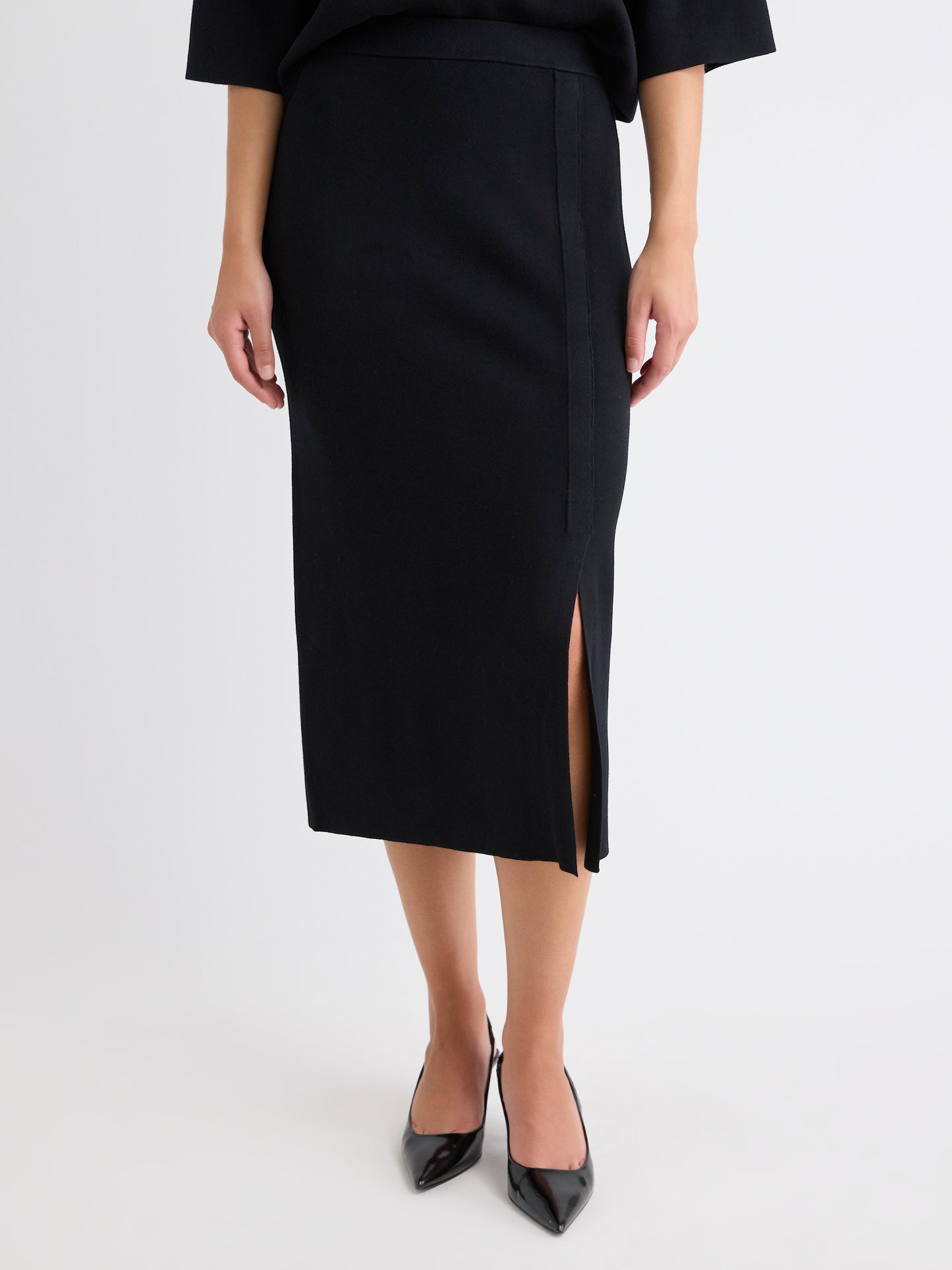 Jupe Droite Midi en Tricot à Taille Haute