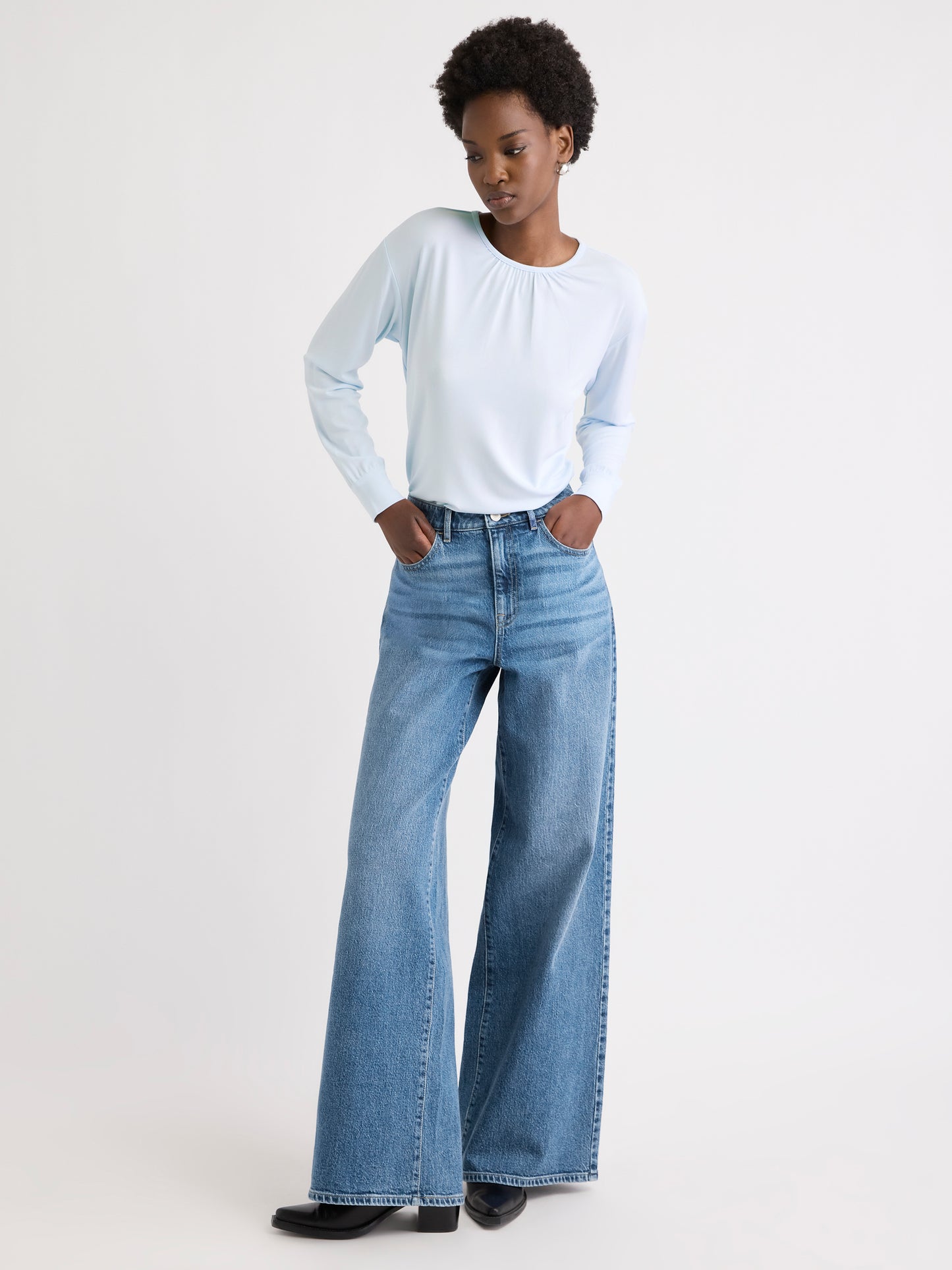 Long-Sleeve Top with Shirred Crew Neckline