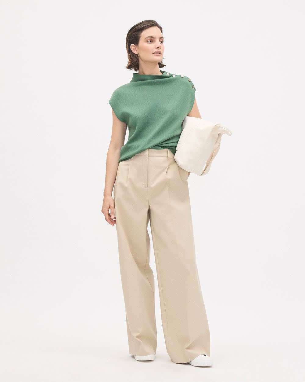 Pull Sans Manches à Col Montant avec Boutons à l'Épaule