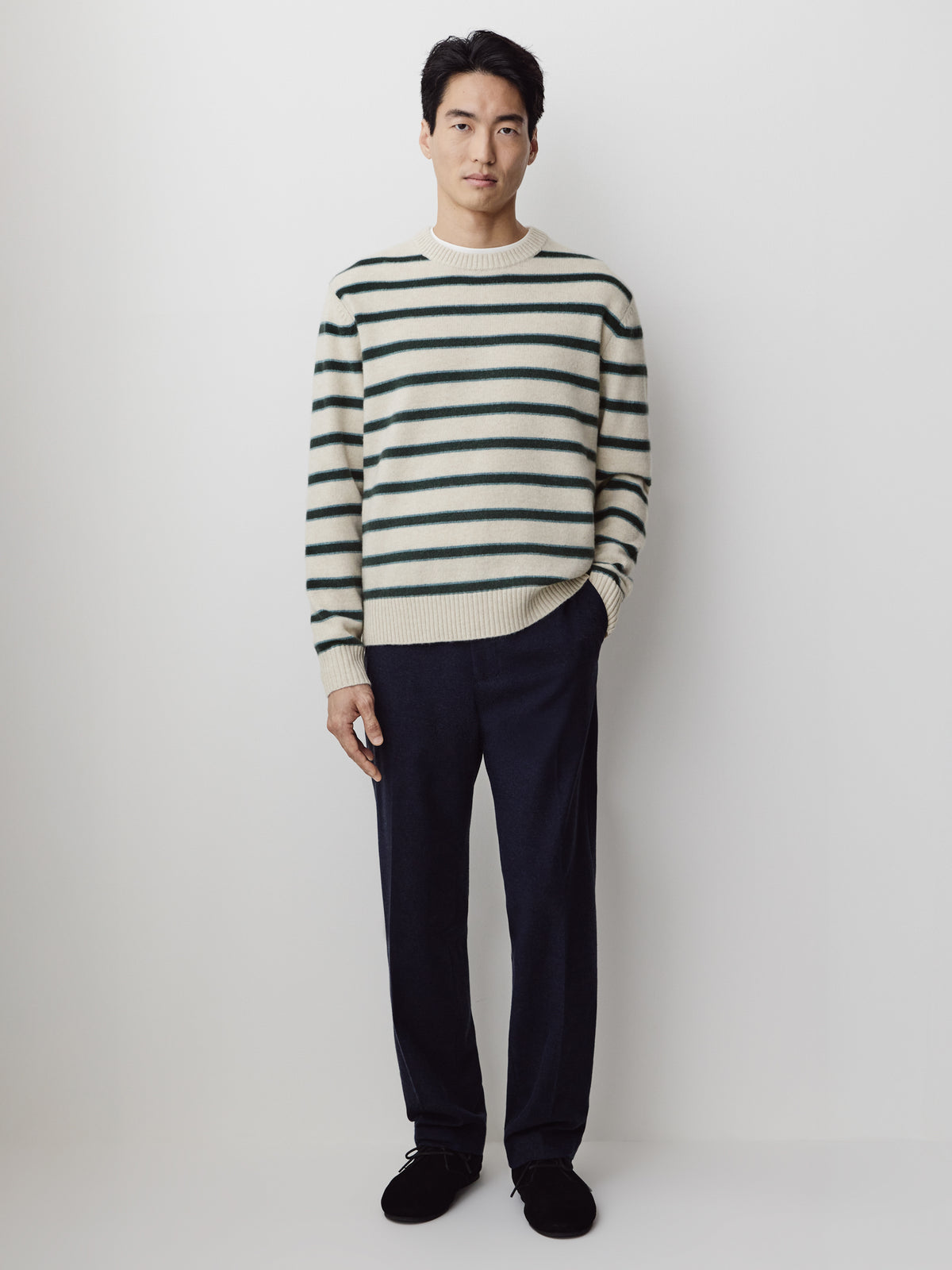 Mens Lambswool Crew Neck Knit Sweater with Stripe